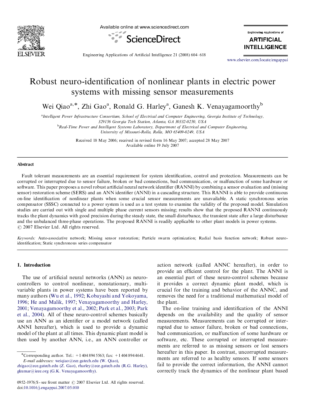 Robust neuro-identification of nonlinear plants in electric power systems with missing sensor measurements