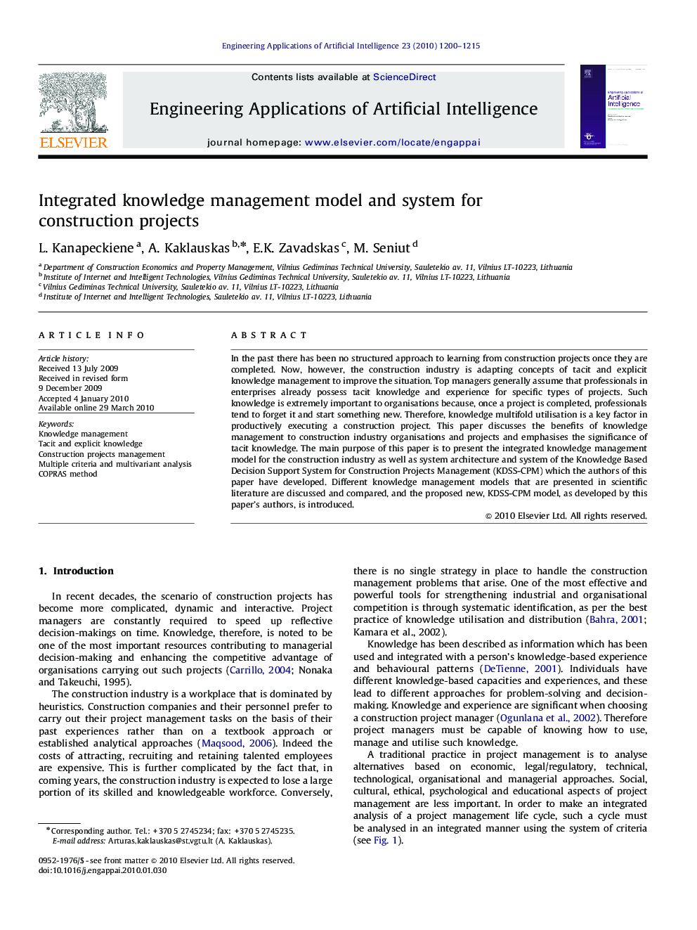 Integrated knowledge management model and system for construction projects
