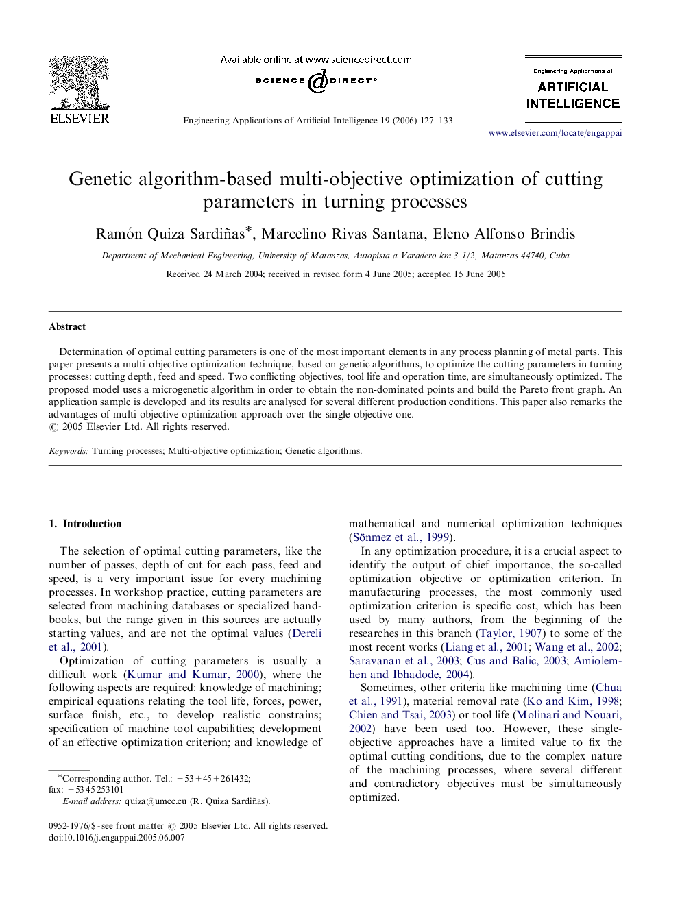 Genetic algorithm-based multi-objective optimization of cutting parameters in turning processes