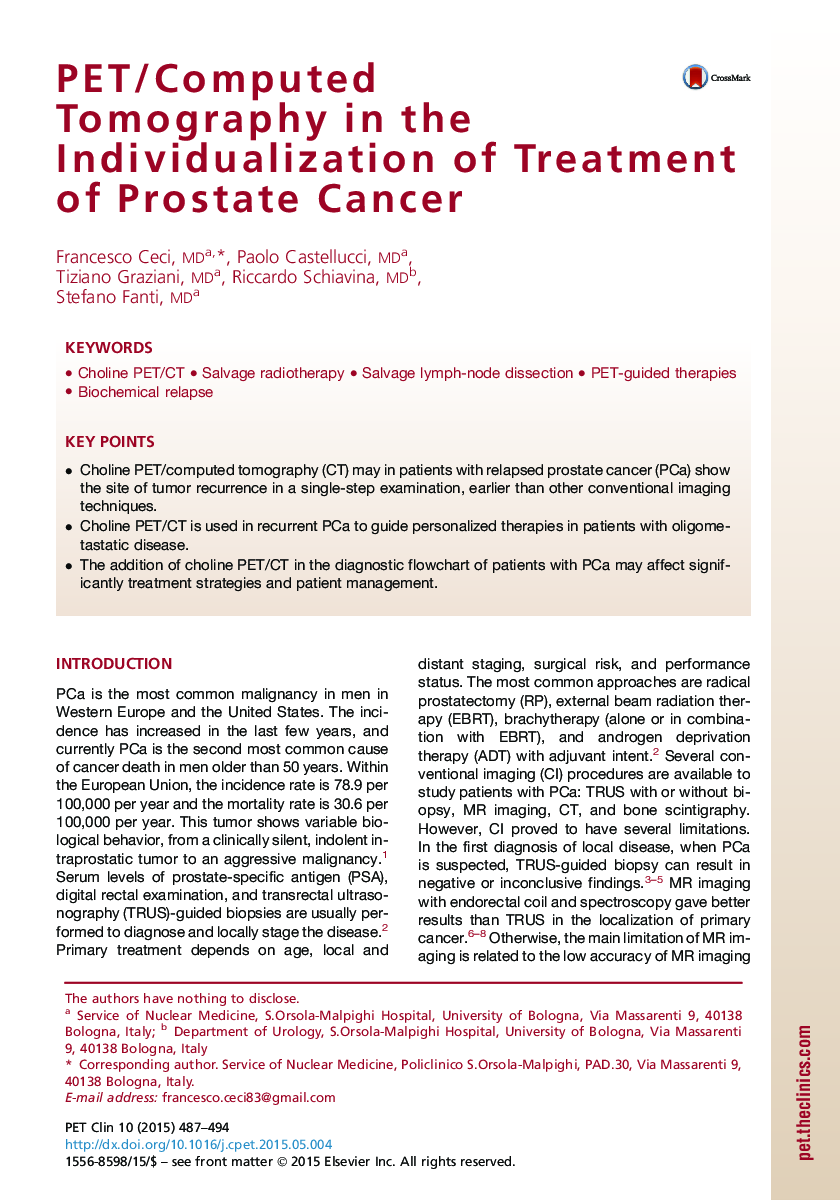 PET/Computed Tomography in the Individualization of Treatment of Prostate Cancer