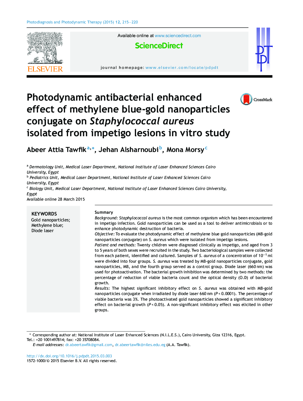 Photodynamic antibacterial enhanced effect of methylene blue-gold nanoparticles conjugate on Staphylococcal aureus isolated from impetigo lesions in vitro study