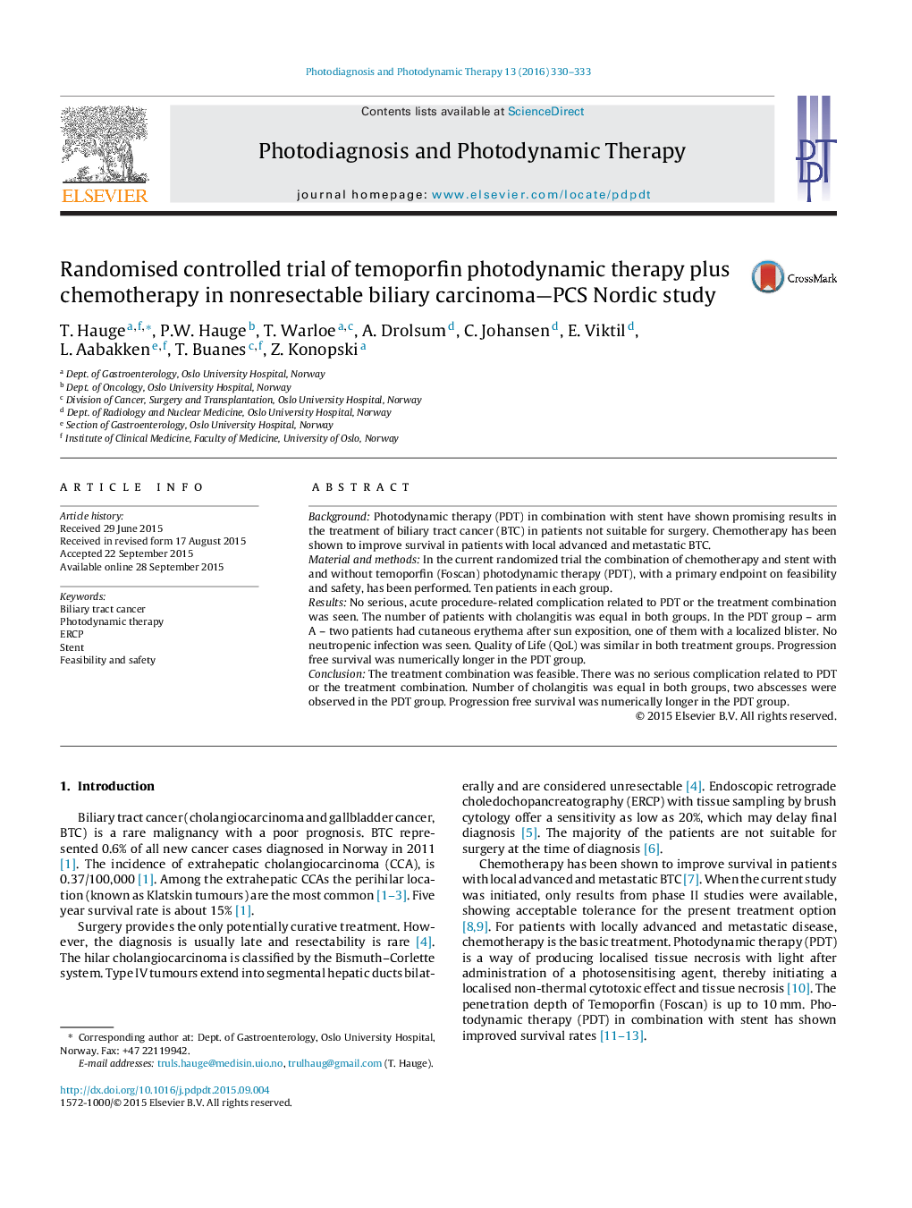 Randomised controlled trial of temoporfin photodynamic therapy plus chemotherapy in nonresectable biliary carcinoma—PCS Nordic study