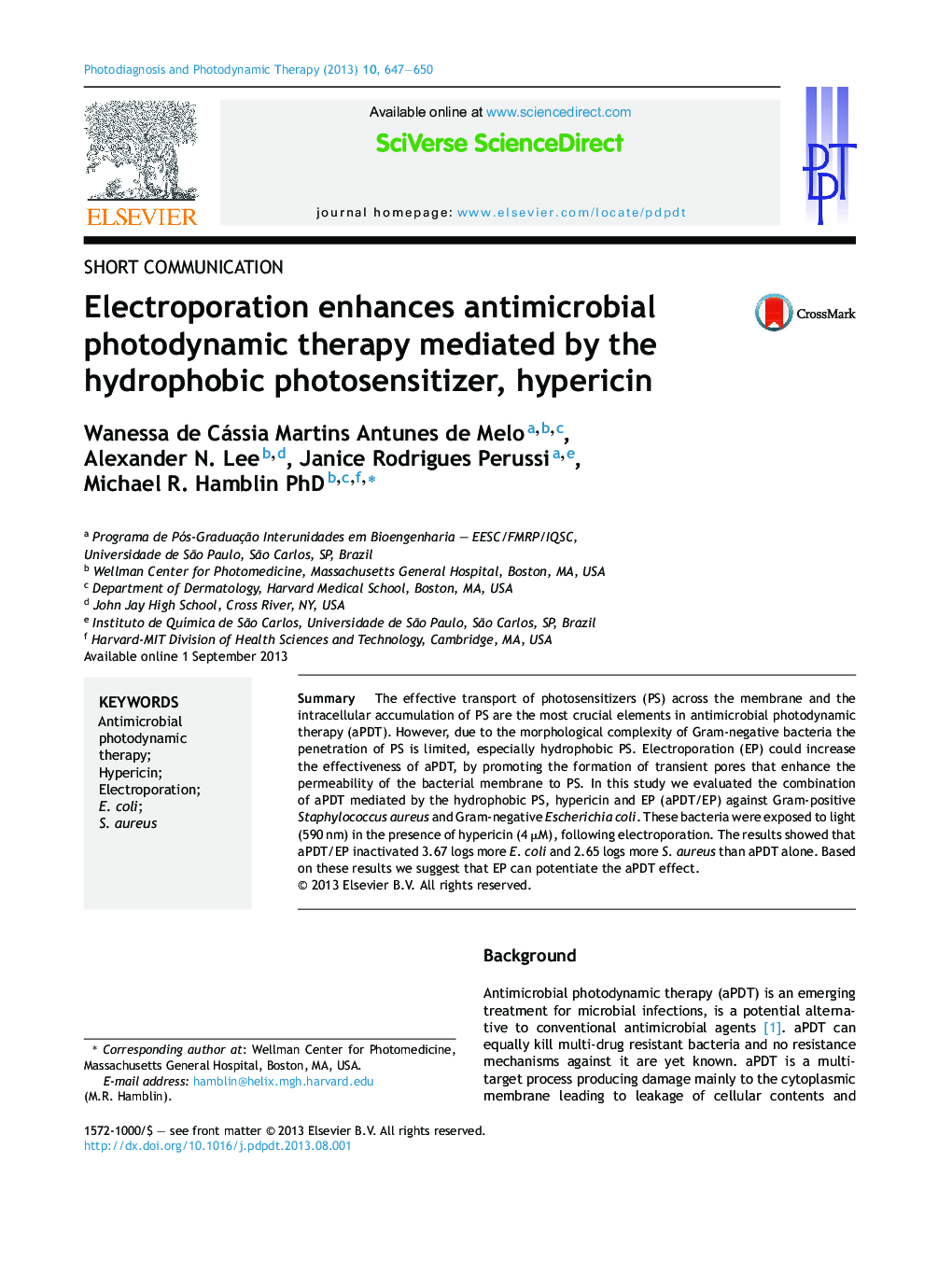 Electroporation enhances antimicrobial photodynamic therapy mediated by the hydrophobic photosensitizer, hypericin