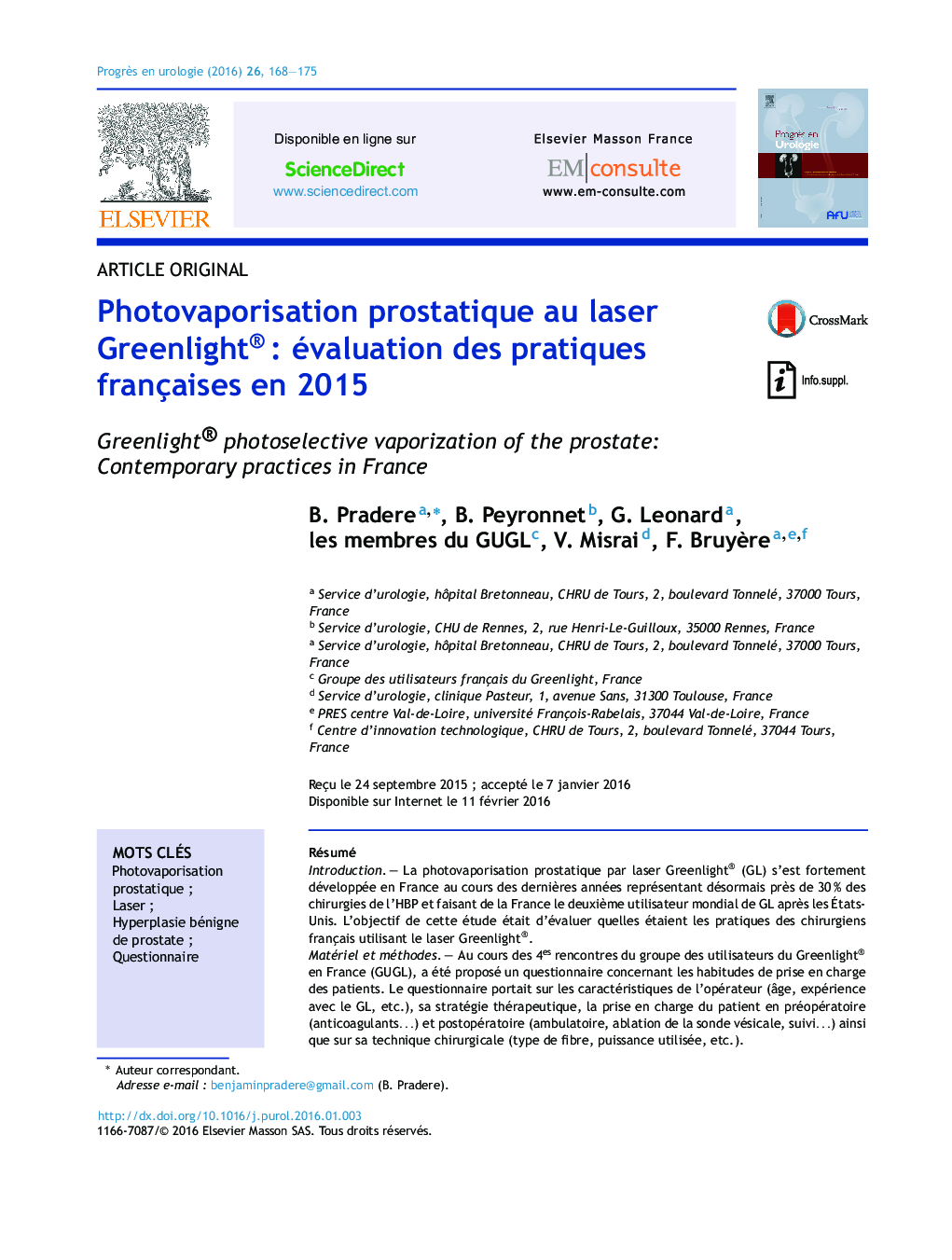 Photovaporisation prostatique au laser Greenlight® : évaluation des pratiques françaises en 2015