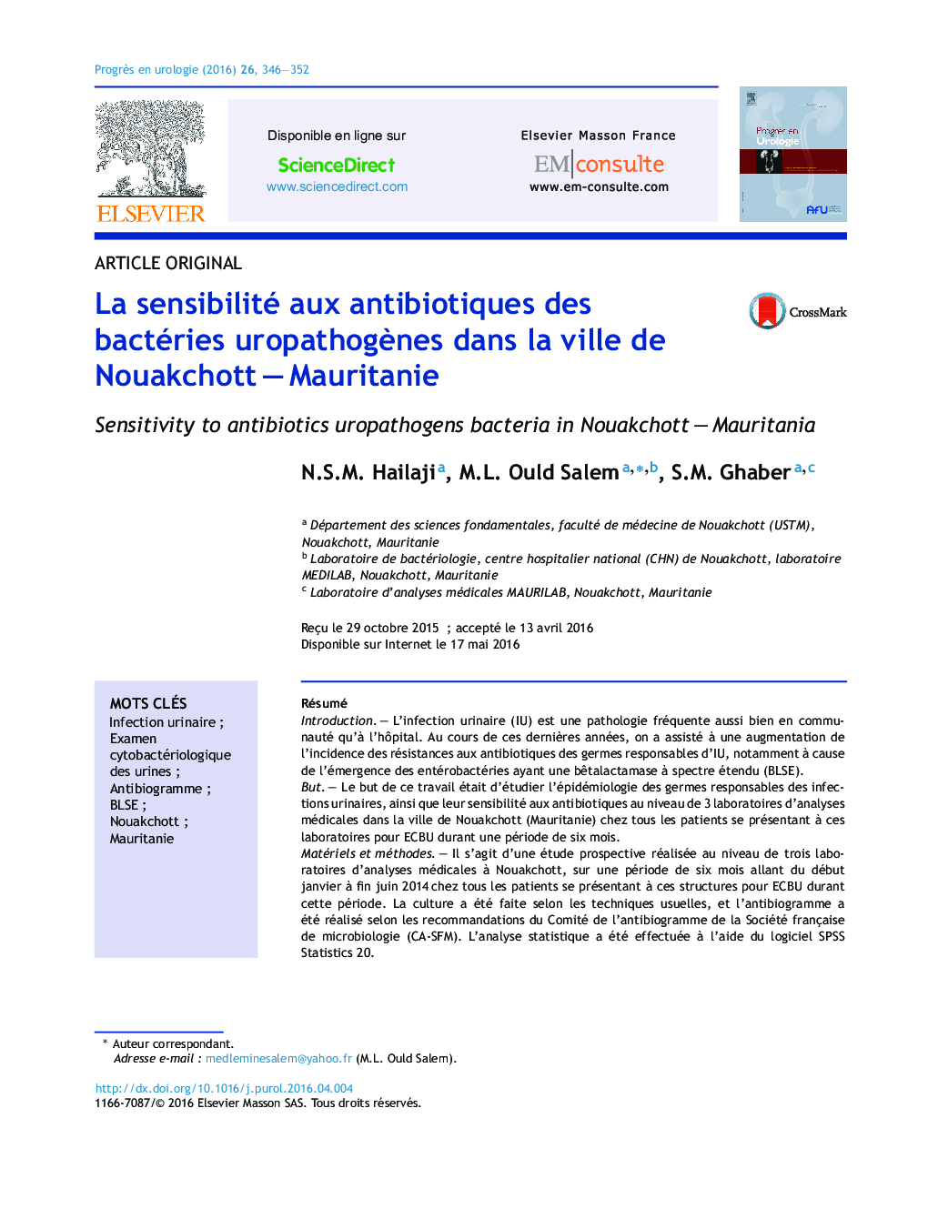 La sensibilité aux antibiotiques des bactéries uropathogènes dans la ville de Nouakchott – Mauritanie