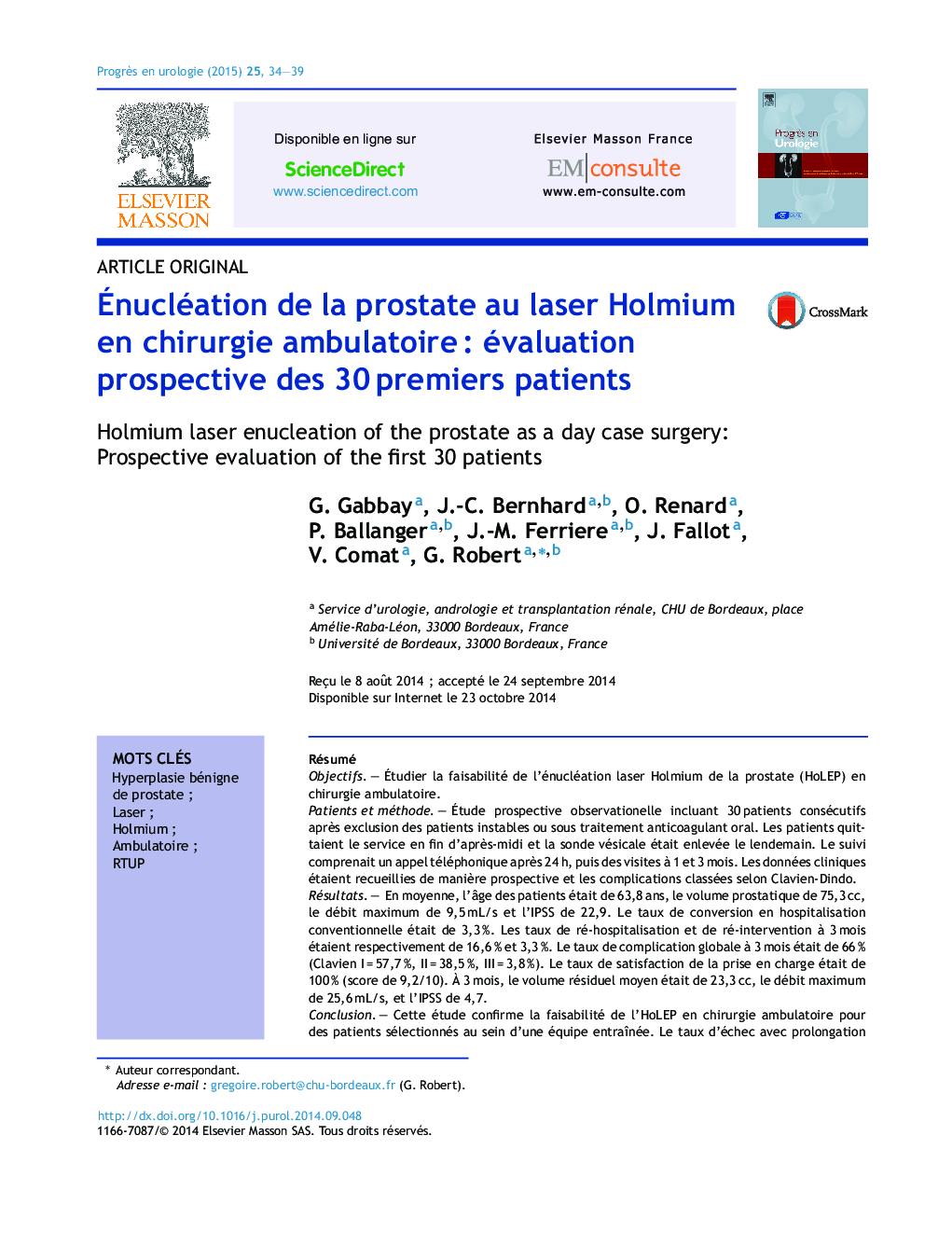 Énucléation de la prostate au laser Holmium en chirurgie ambulatoire : évaluation prospective des 30 premiers patients