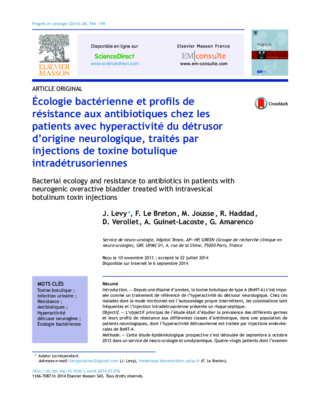 Ãcologie bactérienne et profils de résistance aux antibiotiques chez les patients avec hyperactivité du détrusor d'origine neurologique, traités par injections de toxine botulique intradétrusoriennes