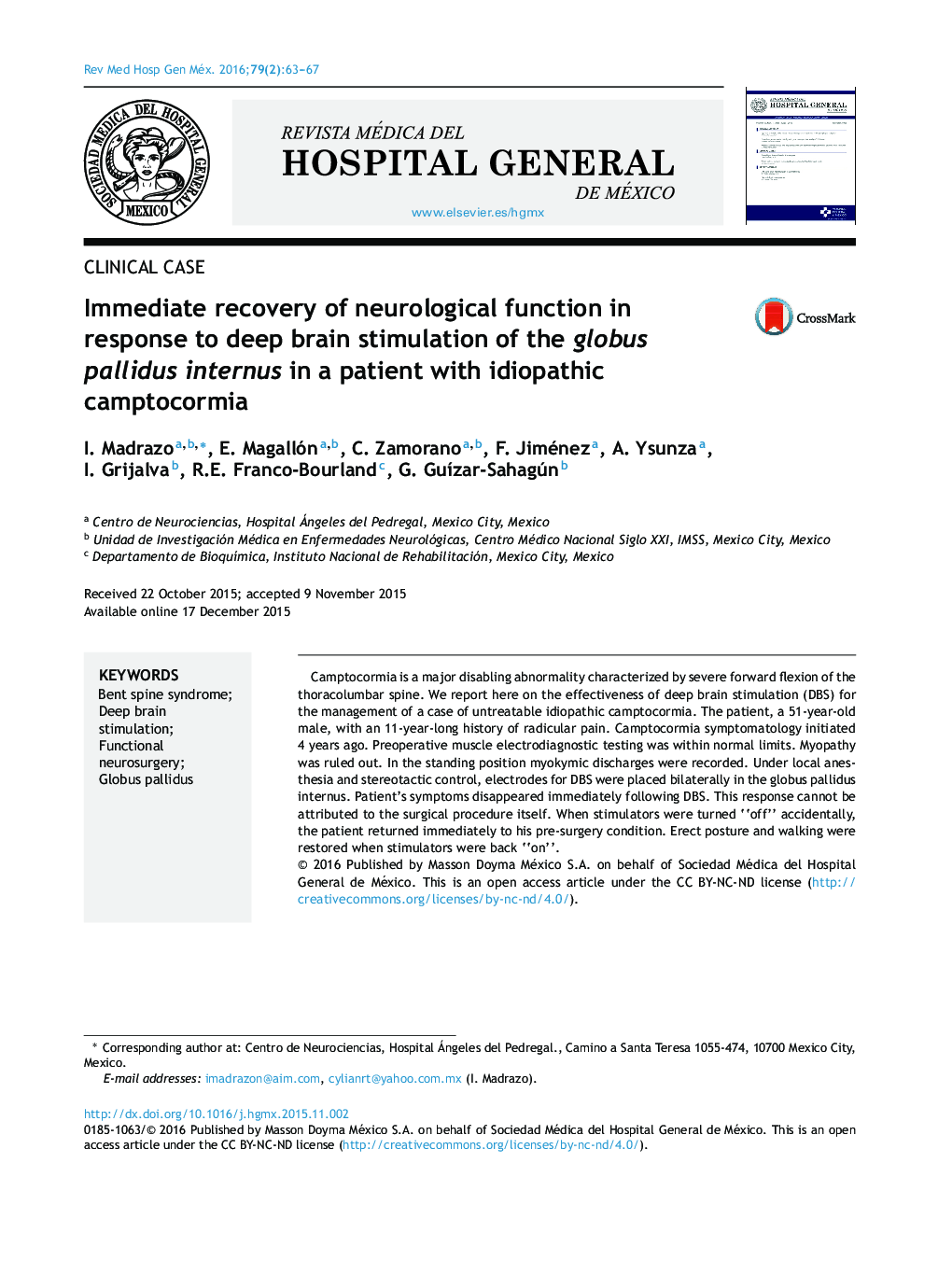 Immediate recovery of neurological function in response to deep brain stimulation of the globus pallidus internus in a patient with idiopathic camptocormia