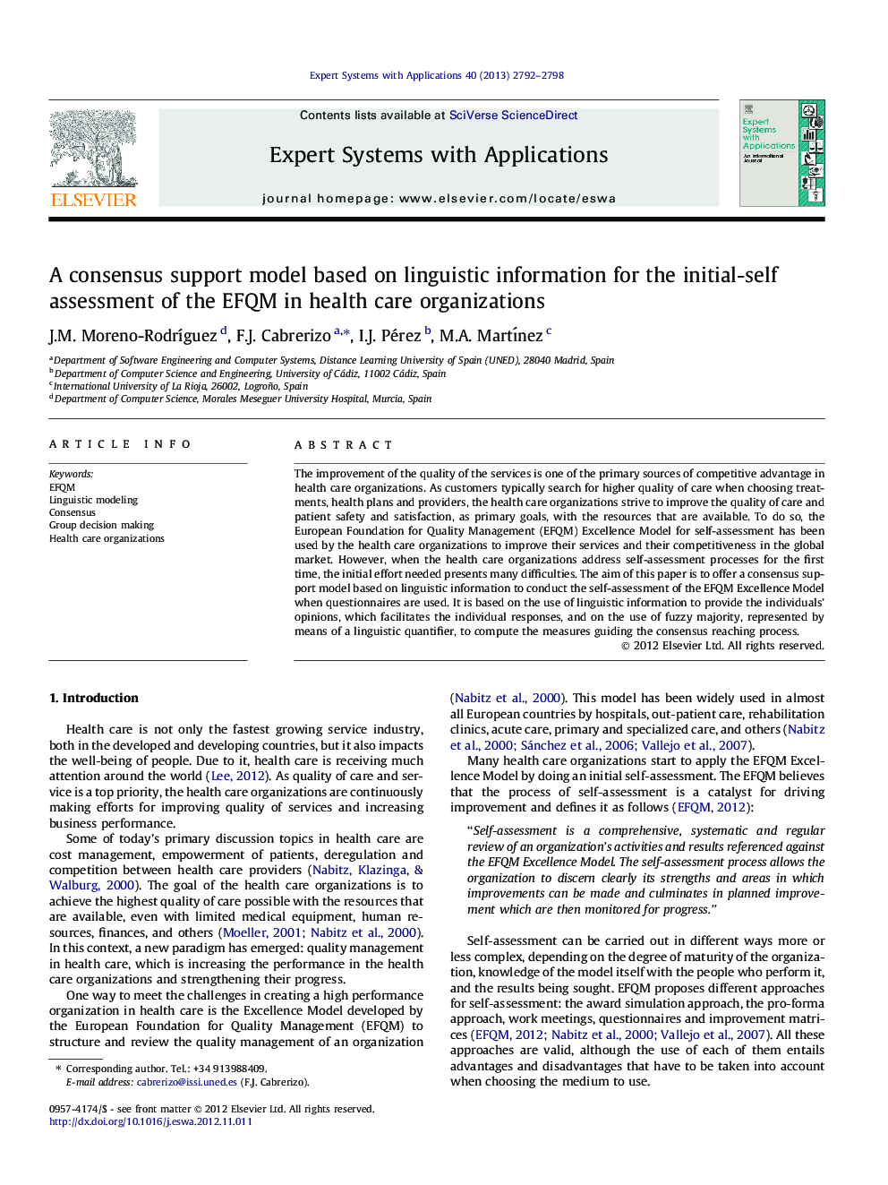 A consensus support model based on linguistic information for the initial-self assessment of the EFQM in health care organizations