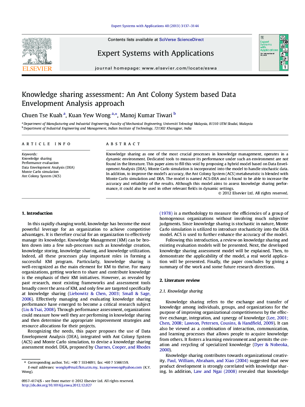 Knowledge sharing assessment: An Ant Colony System based Data Envelopment Analysis approach