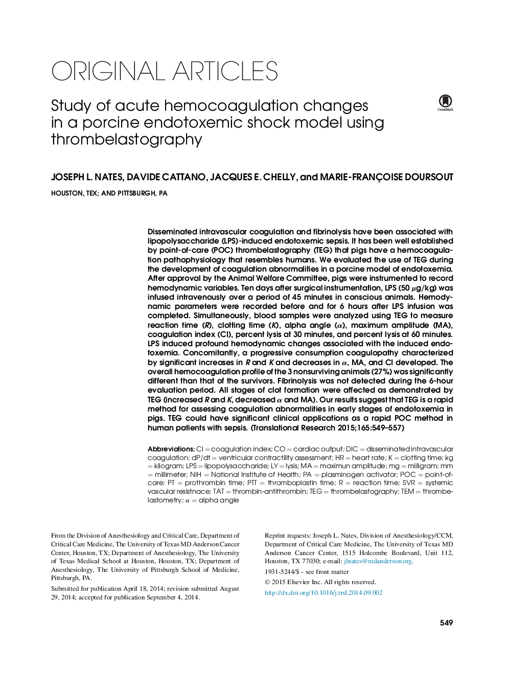 بررسی تغییرات حاد هموکوآگولاسیون در مدل شوک های آندوکسیکسیک گوسفند با استفاده از ترومبلاستوگرافی 