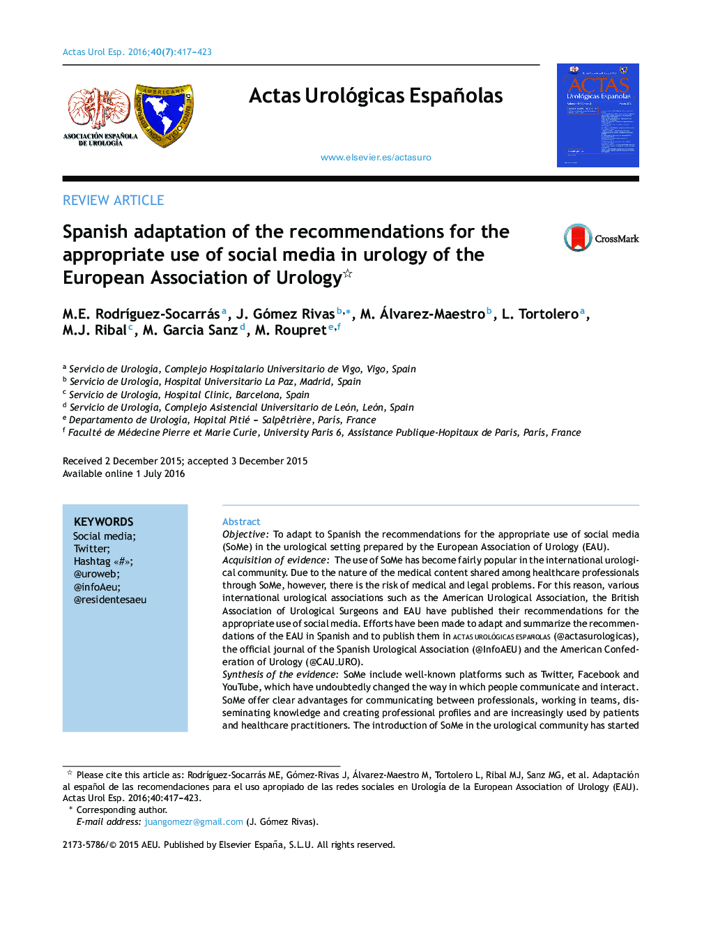 سازگاری اسپانیایی از توصیه ها برای استفاده مناسب از رسانه های اجتماعی در اورولوژی از انجمن اورولوژی اروپا 