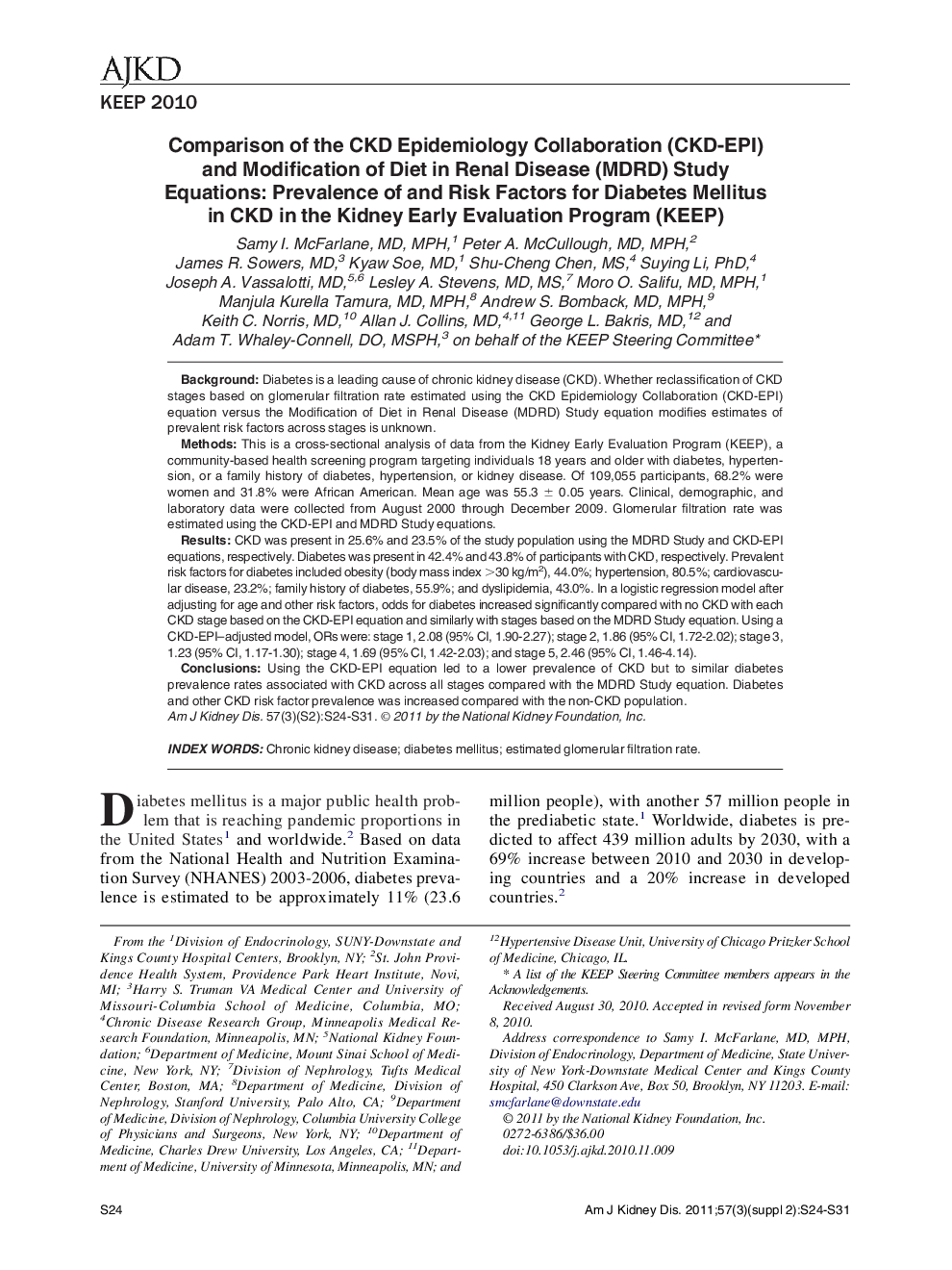 Comparison of the CKD Epidemiology Collaboration (CKD-EPI) and Modification of Diet in Renal Disease (MDRD) Study Equations: Prevalence of and Risk Factors for Diabetes Mellitus in CKD in the Kidney Early Evaluation Program (KEEP)