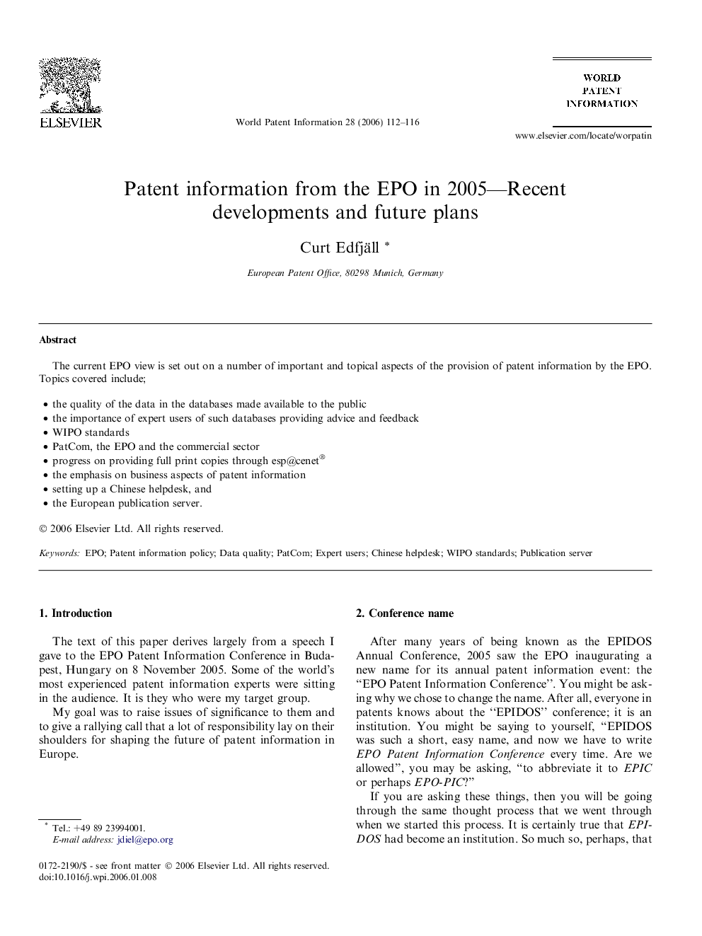 Patent information from the EPO in 2005—Recent developments and future plans