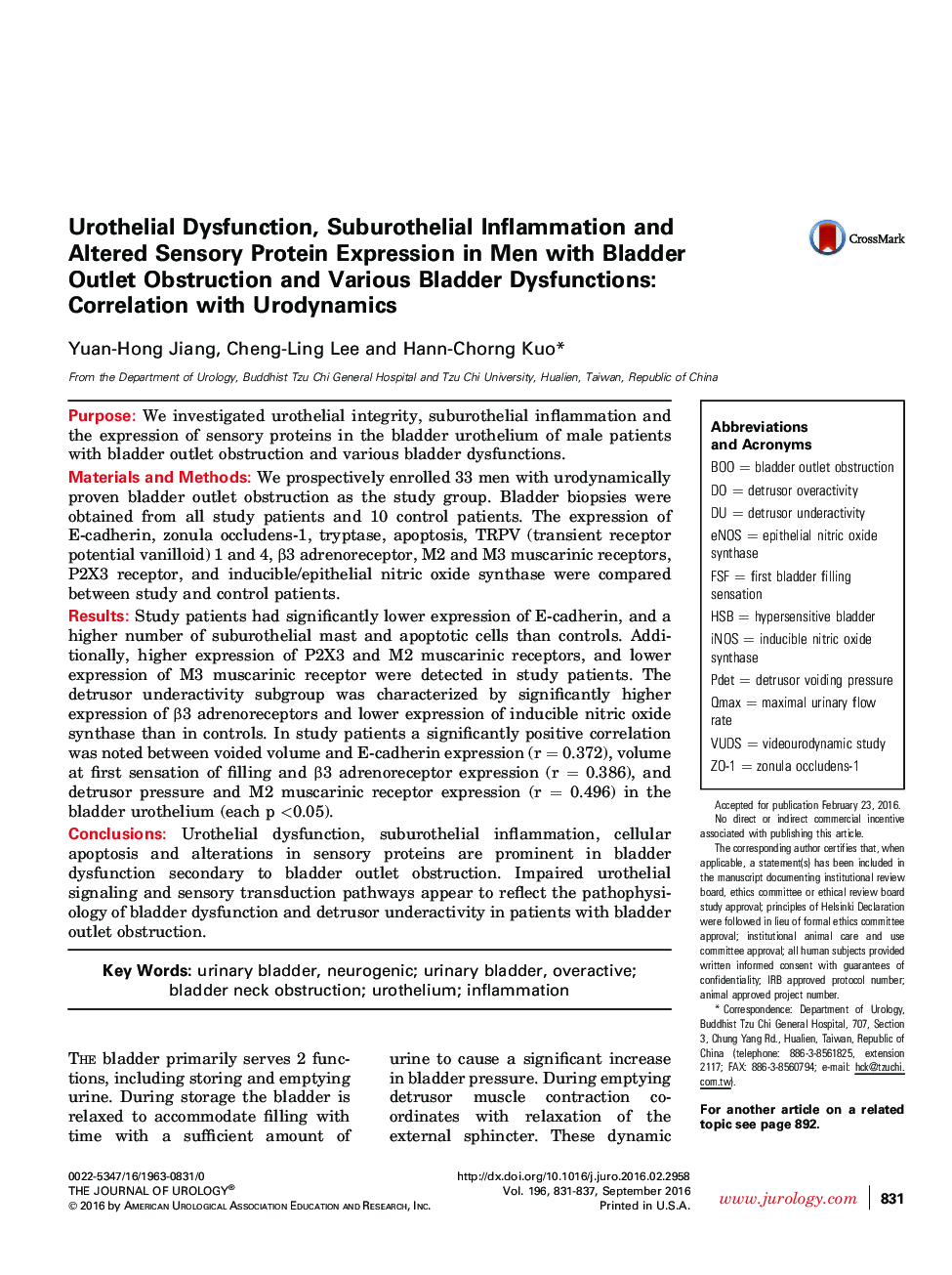 Urothelial Dysfunction, Suburothelial Inflammation and Altered Sensory Protein Expression in Men with Bladder Outlet Obstruction and Various Bladder Dysfunctions: Correlation with Urodynamics 