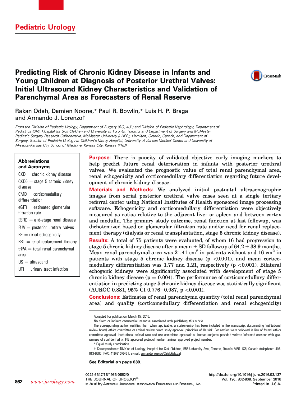 Predicting Risk of Chronic Kidney Disease in Infants and Young Children at Diagnosis of Posterior Urethral Valves: Initial Ultrasound Kidney Characteristics and Validation of Parenchymal Area as Forecasters of Renal Reserve 