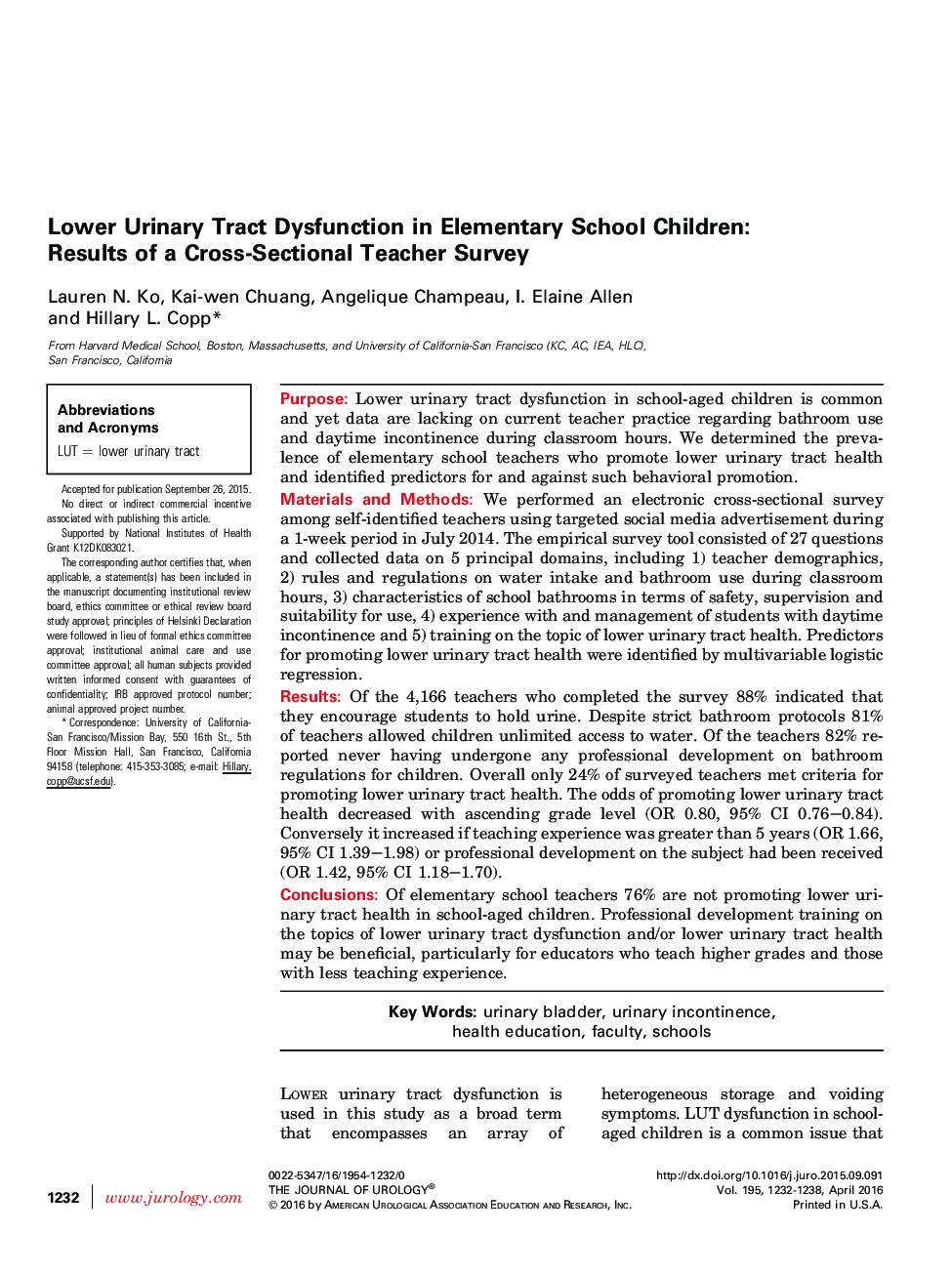 اختلال عملکرد دستگاه ادراری در کودکان ابتدایی: نتایج یک بررسی مقطعی از سوی معلم 