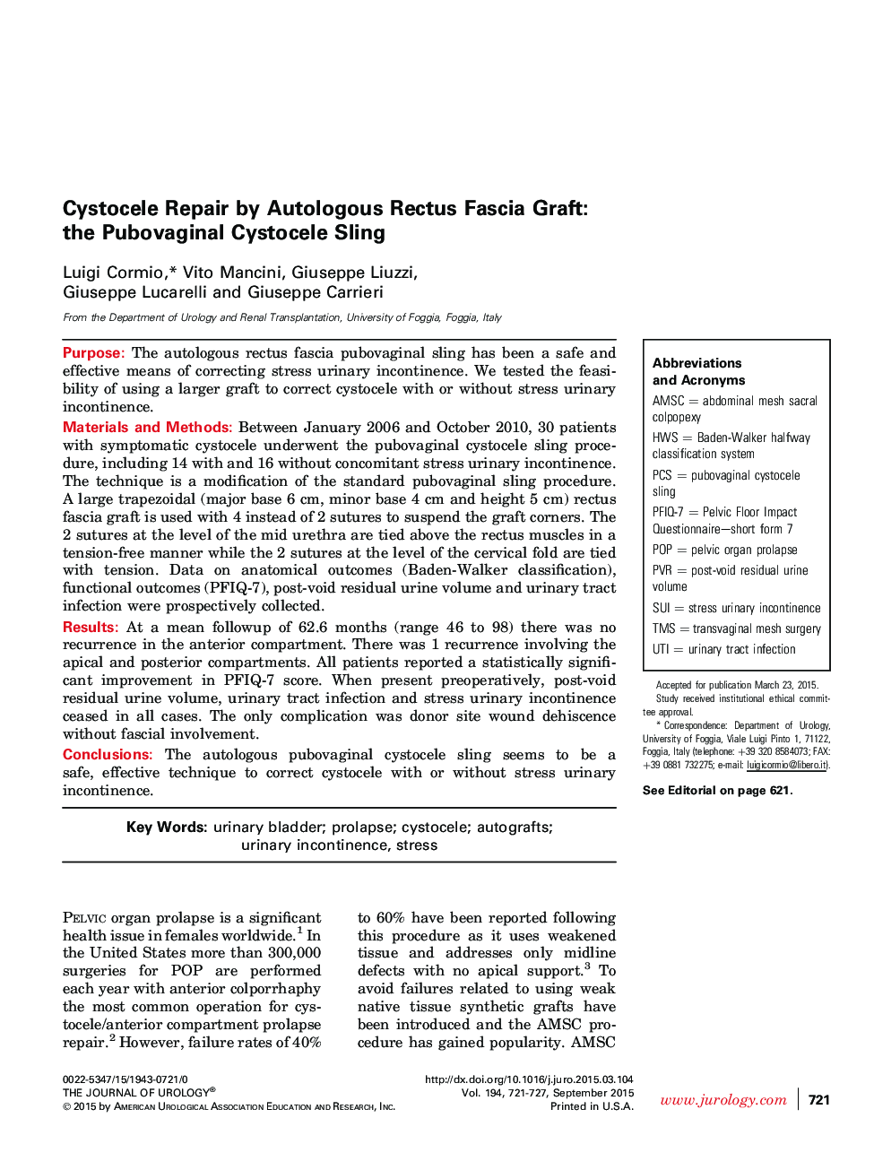 Cystocele Repair by Autologous Rectus Fascia Graft: the Pubovaginal Cystocele Sling 