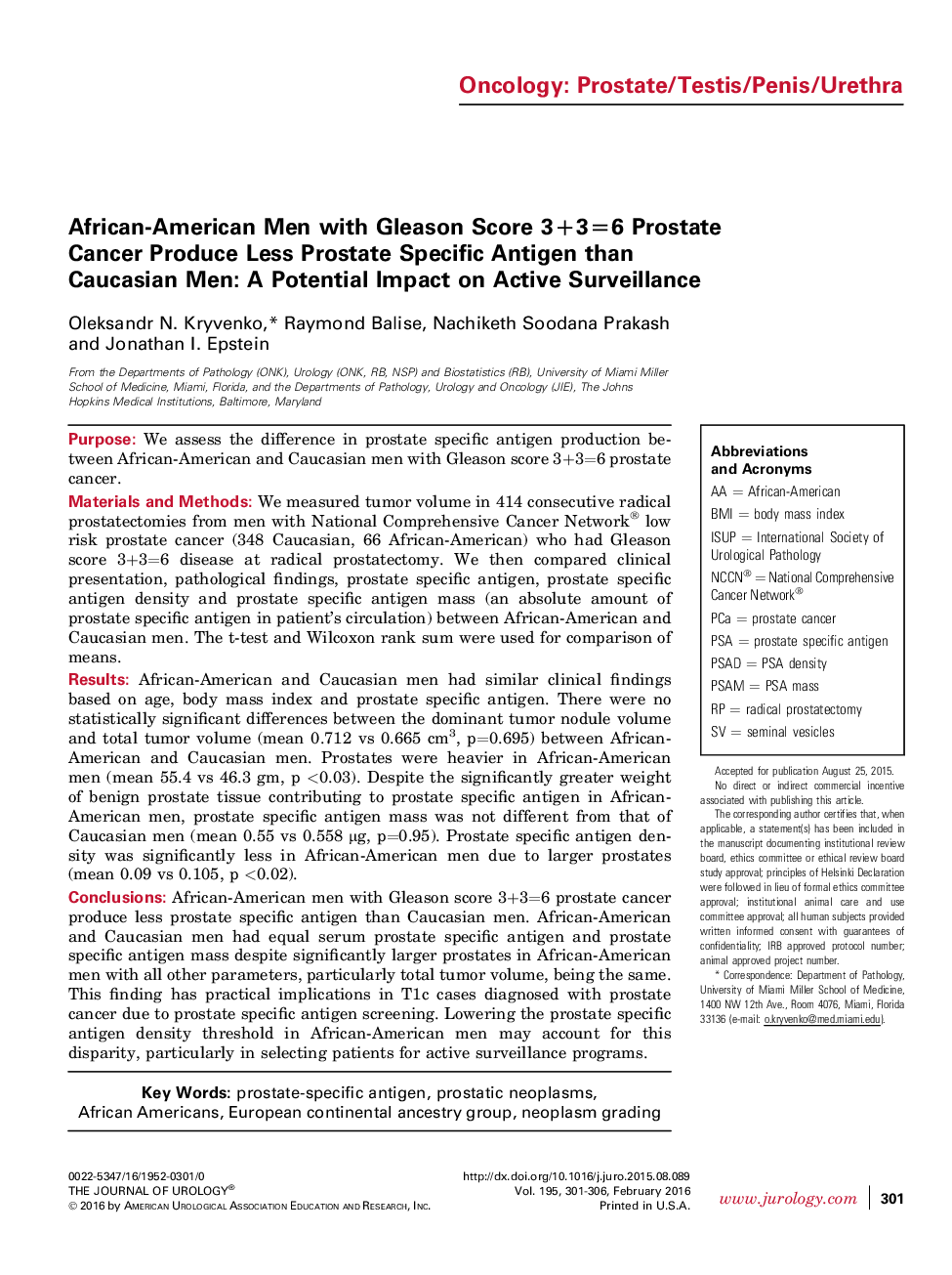 مردان آفریقایی-آمریکایی با امتیاز گلیسون 3 + 3 = 6 سرطان پروستات تولید آنتیژن خاص پروستات نسبت به مردان قفقازی را افزایش می دهد: یک تاثیر بالقوه بر نظارت فعال 