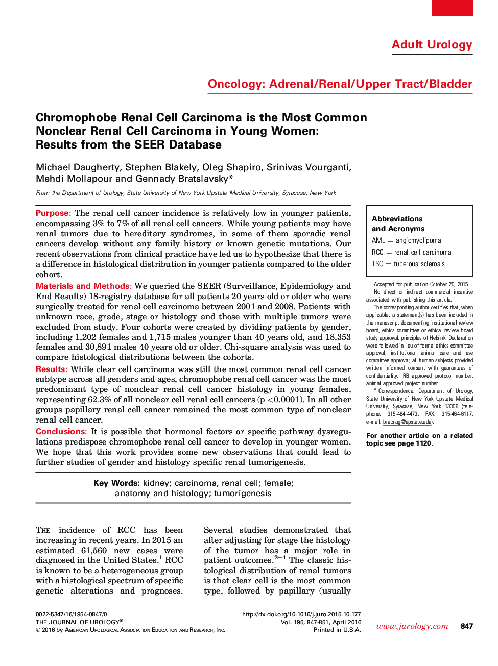 کارسینوم سلول های کلیوی Chromophobe، کارسینوم سلول های غیر سلولی رایج در زنان جوان است: نتایج از پایگاه داده SEER