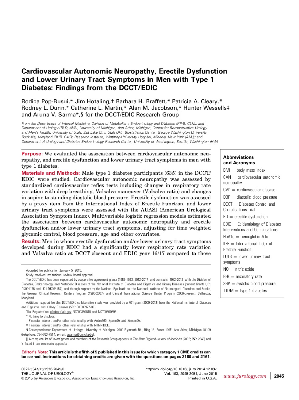 Cardiovascular Autonomic Neuropathy, Erectile Dysfunction and Lower Urinary Tract Symptoms in Men with Type 1 Diabetes: Findings from the DCCT/EDIC 