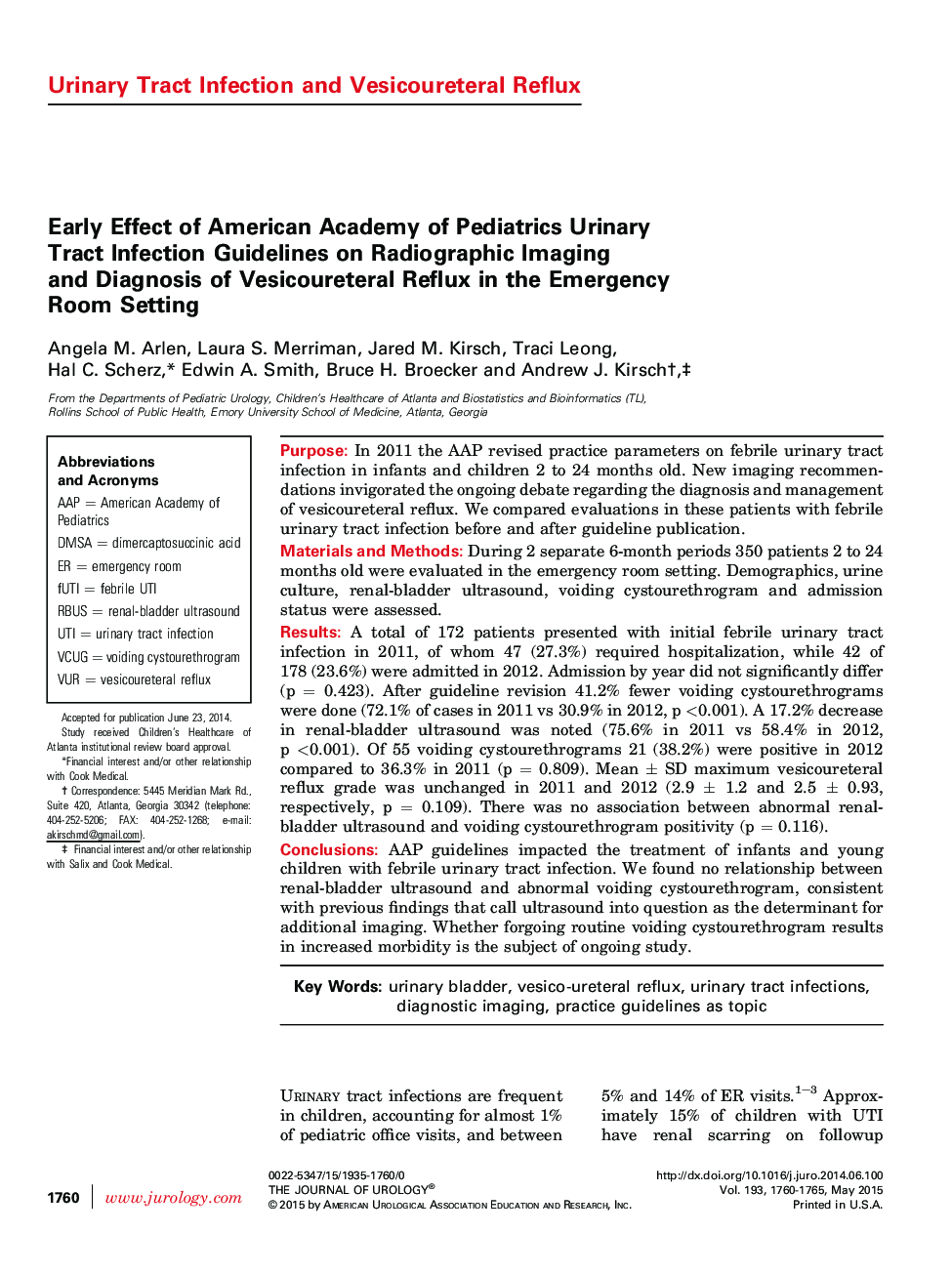 Early Effect of American Academy of Pediatrics Urinary Tract Infection Guidelines on Radiographic Imaging and Diagnosis of Vesicoureteral Reflux in the Emergency Room Setting 