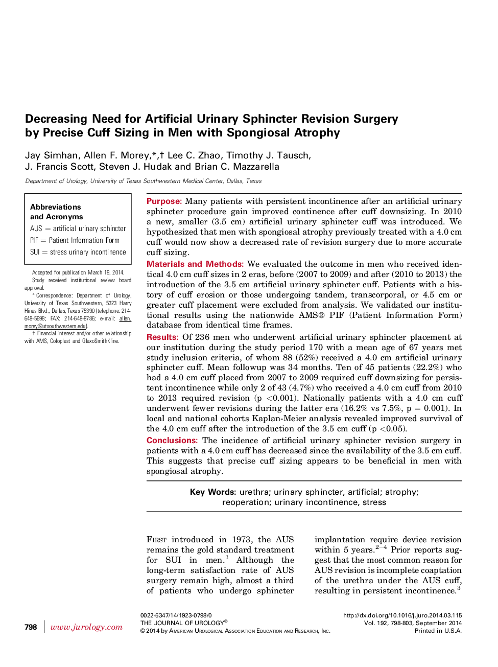 کاهش نیاز به عمل جراحی بازسازی اسفنکتر ادراری مصنوعی با اندازه کاف دقیق در مردان مبتلا به آتروفی اسپنژیوز 