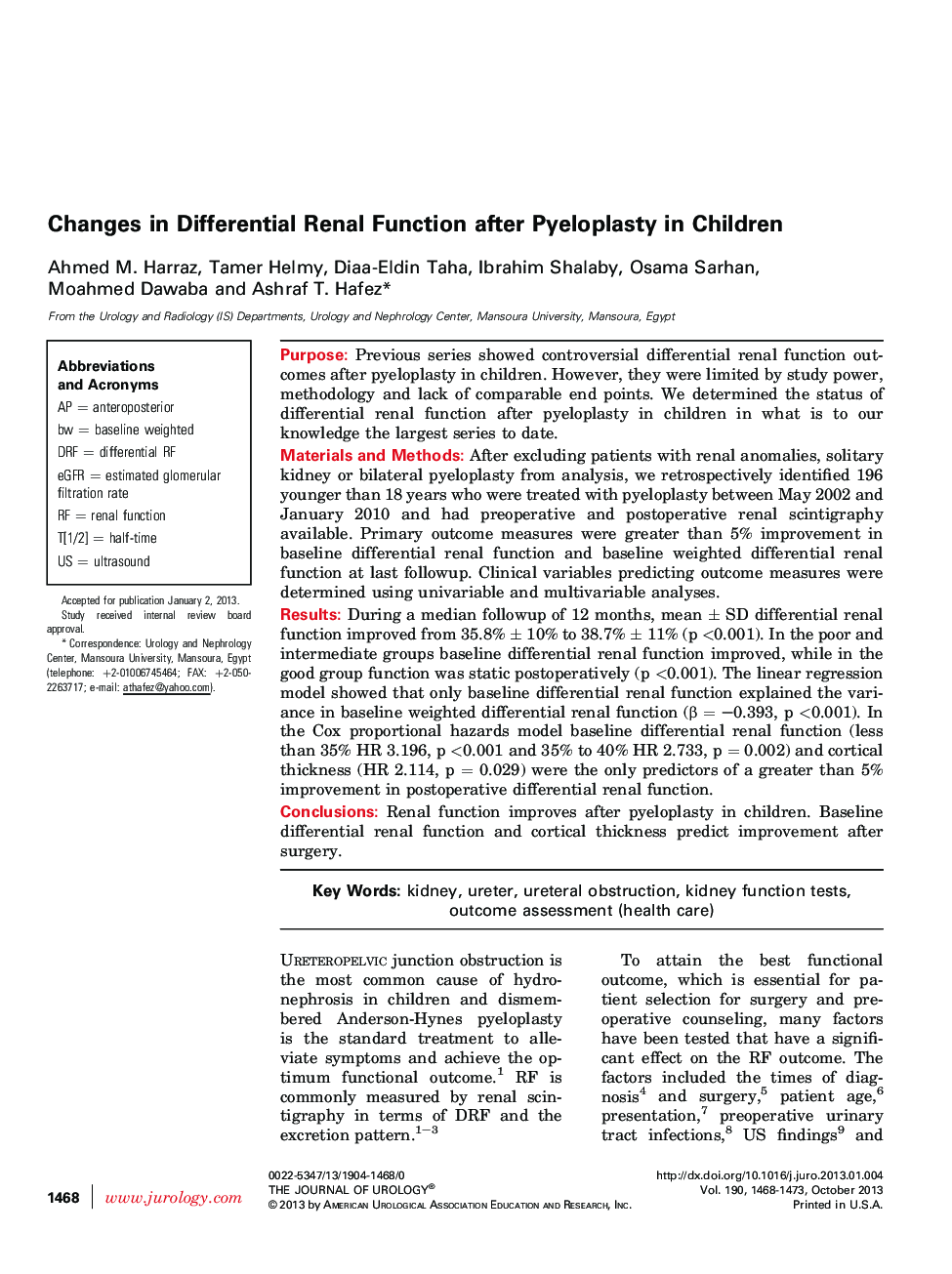 Changes in Differential Renal Function after Pyeloplasty in Children 