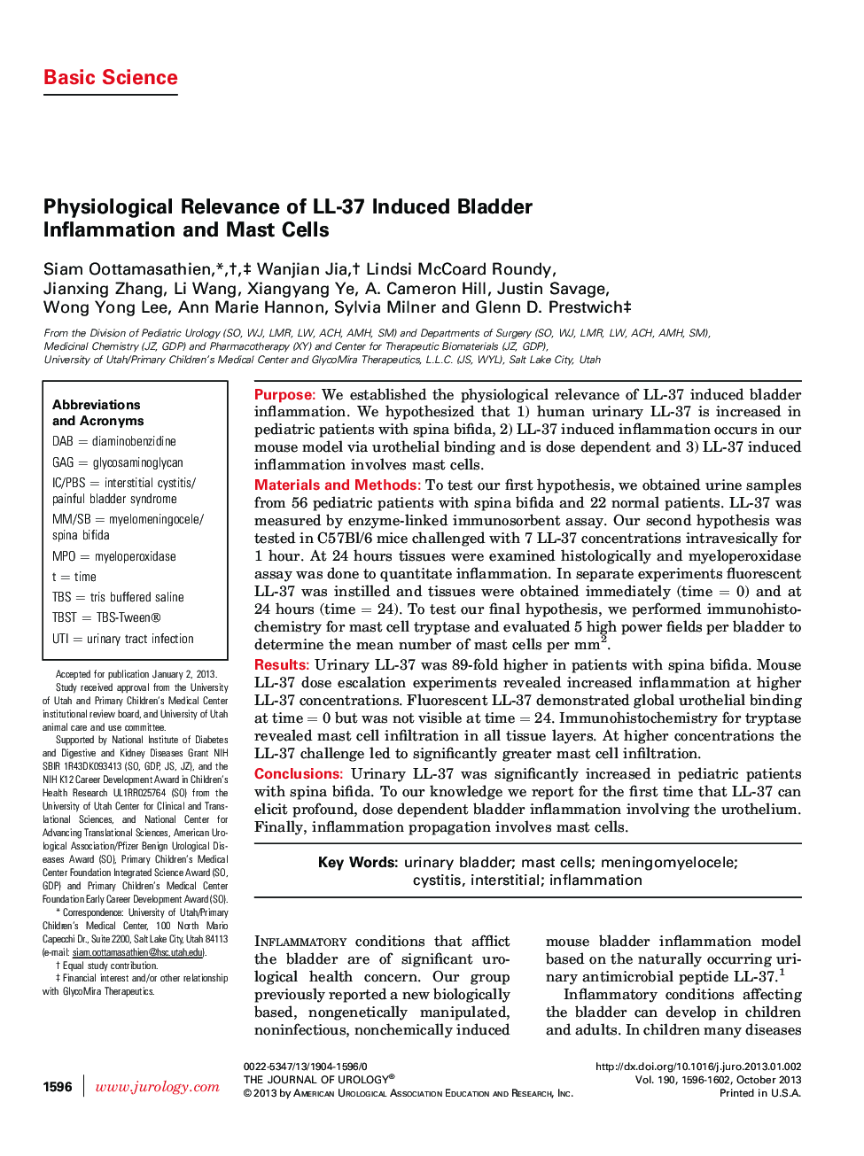 Physiological Relevance of LL-37 Induced Bladder Inflammation and Mast Cells 