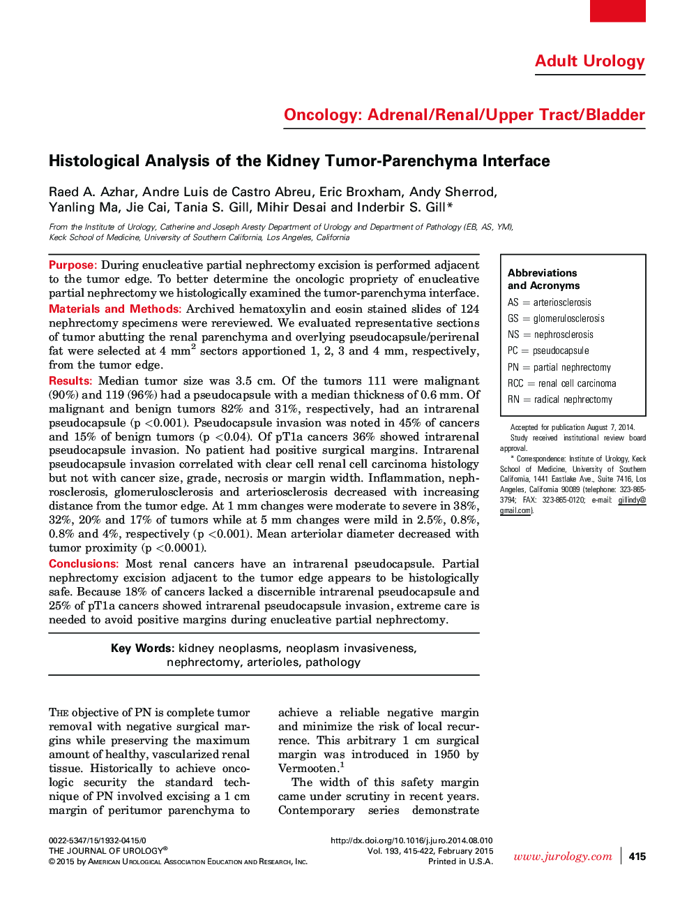 Histological Analysis of the Kidney Tumor-Parenchyma Interface 