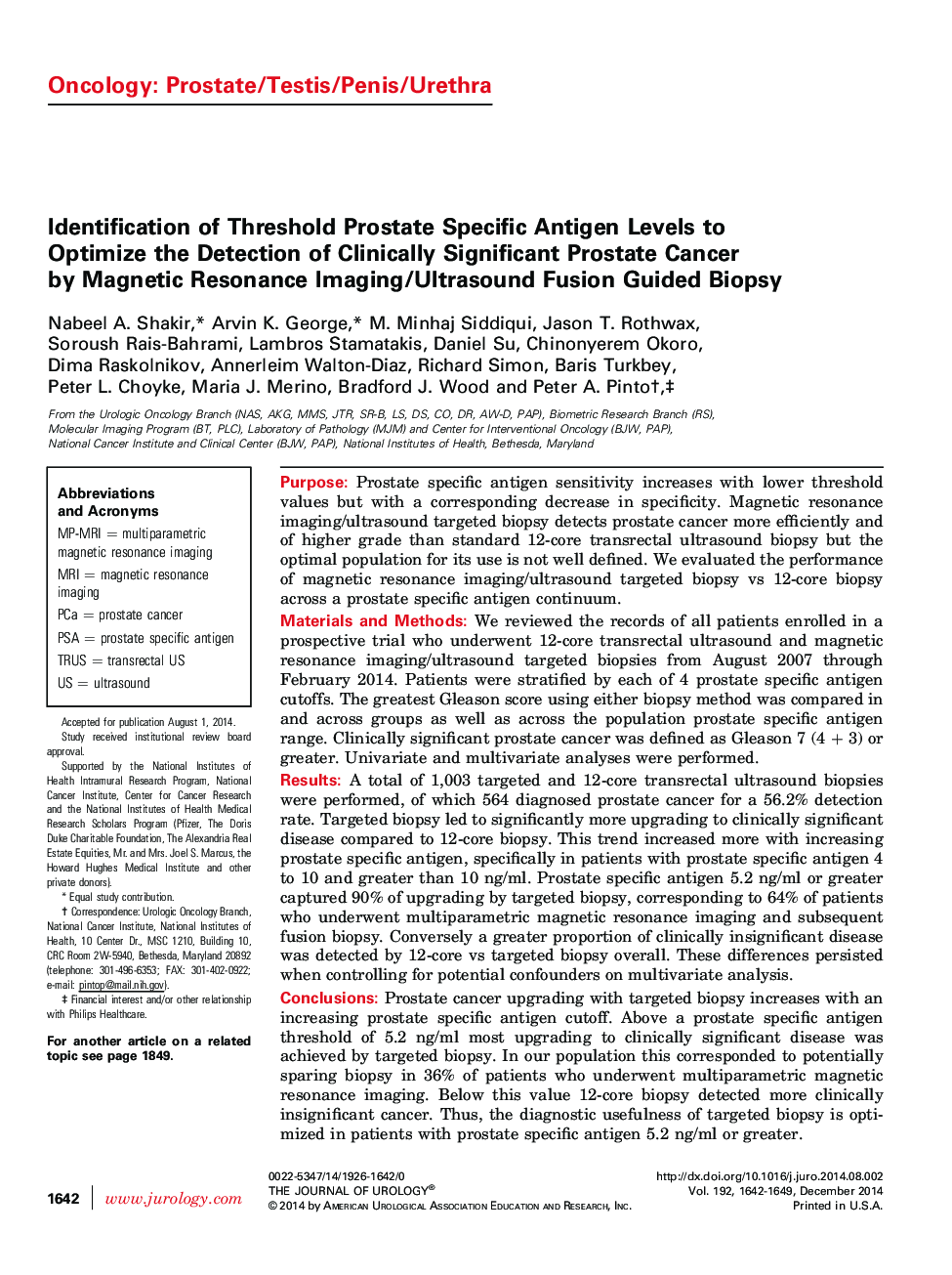 Identification of Threshold Prostate Specific Antigen Levels to Optimize the Detection of Clinically Significant Prostate Cancer by Magnetic Resonance Imaging/Ultrasound Fusion Guided Biopsy 