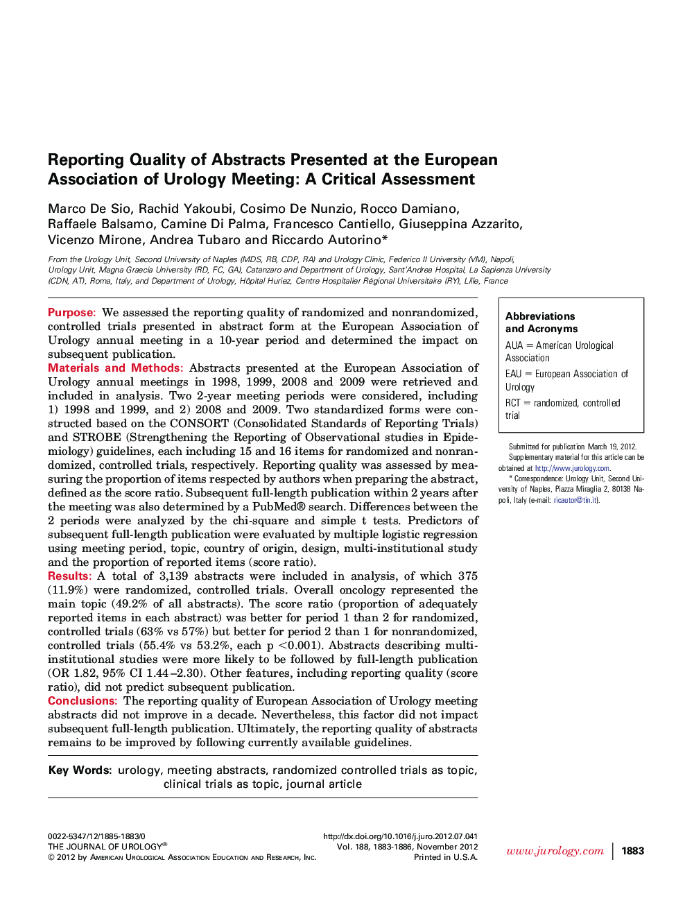 Reporting Quality of Abstracts Presented at the European Association of Urology Meeting: A Critical Assessment 