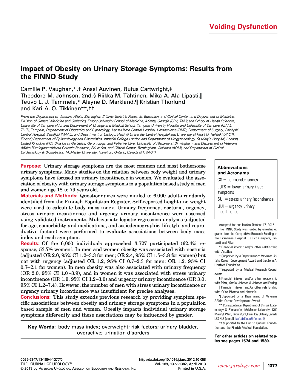 Impact of Obesity on Urinary Storage Symptoms: Results from the FINNO Study 