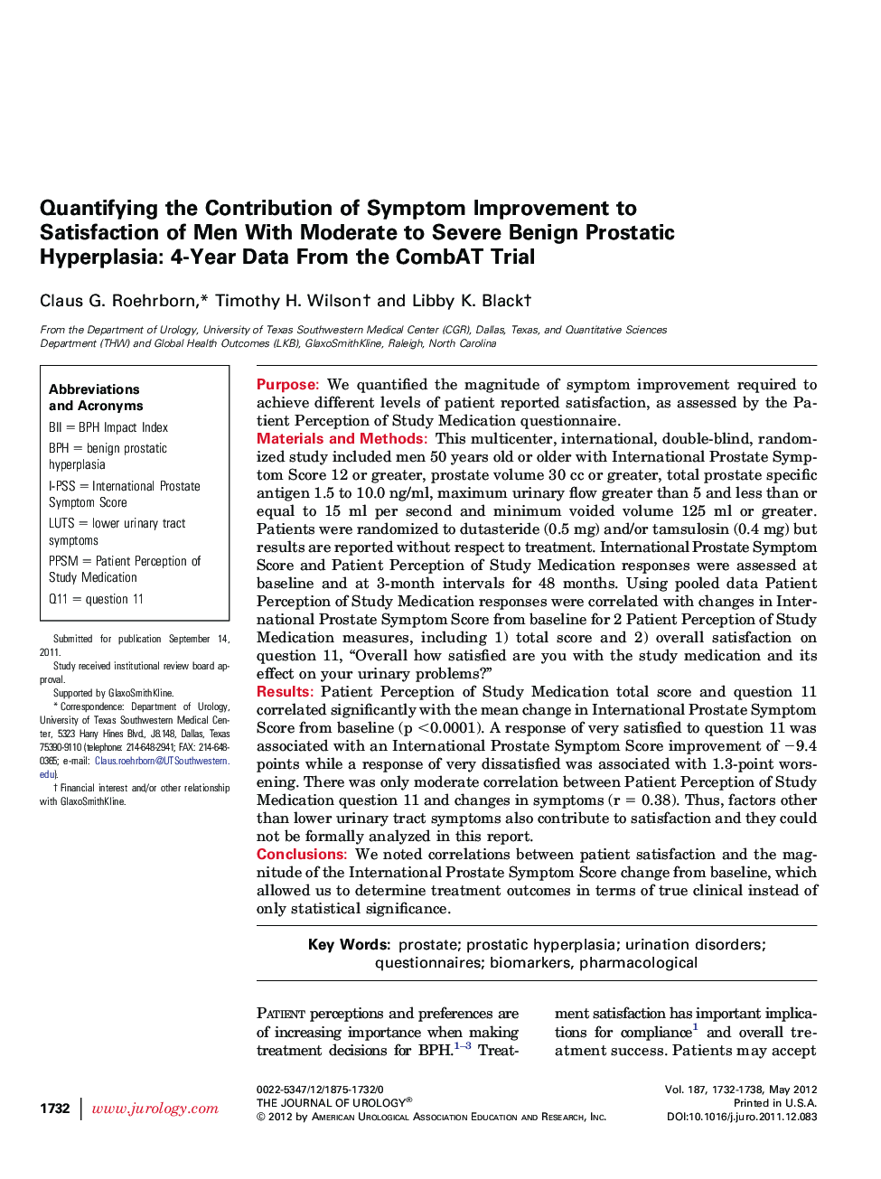Quantifying the Contribution of Symptom Improvement to Satisfaction of Men With Moderate to Severe Benign Prostatic Hyperplasia: 4-Year Data From the CombAT Trial
