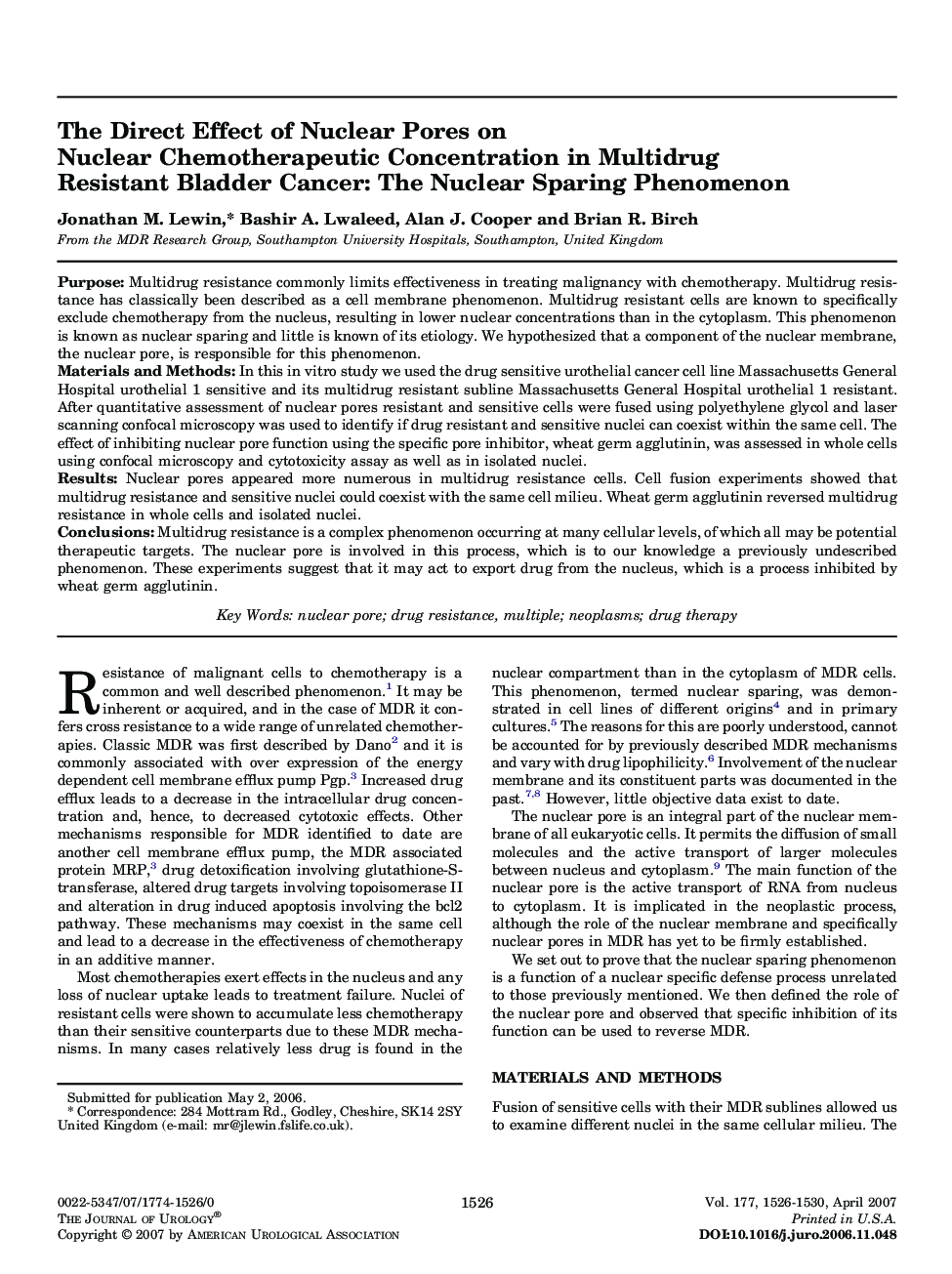 The Direct Effect of Nuclear Pores on Nuclear Chemotherapeutic Concentration in Multidrug Resistant Bladder Cancer: The Nuclear Sparing Phenomenon