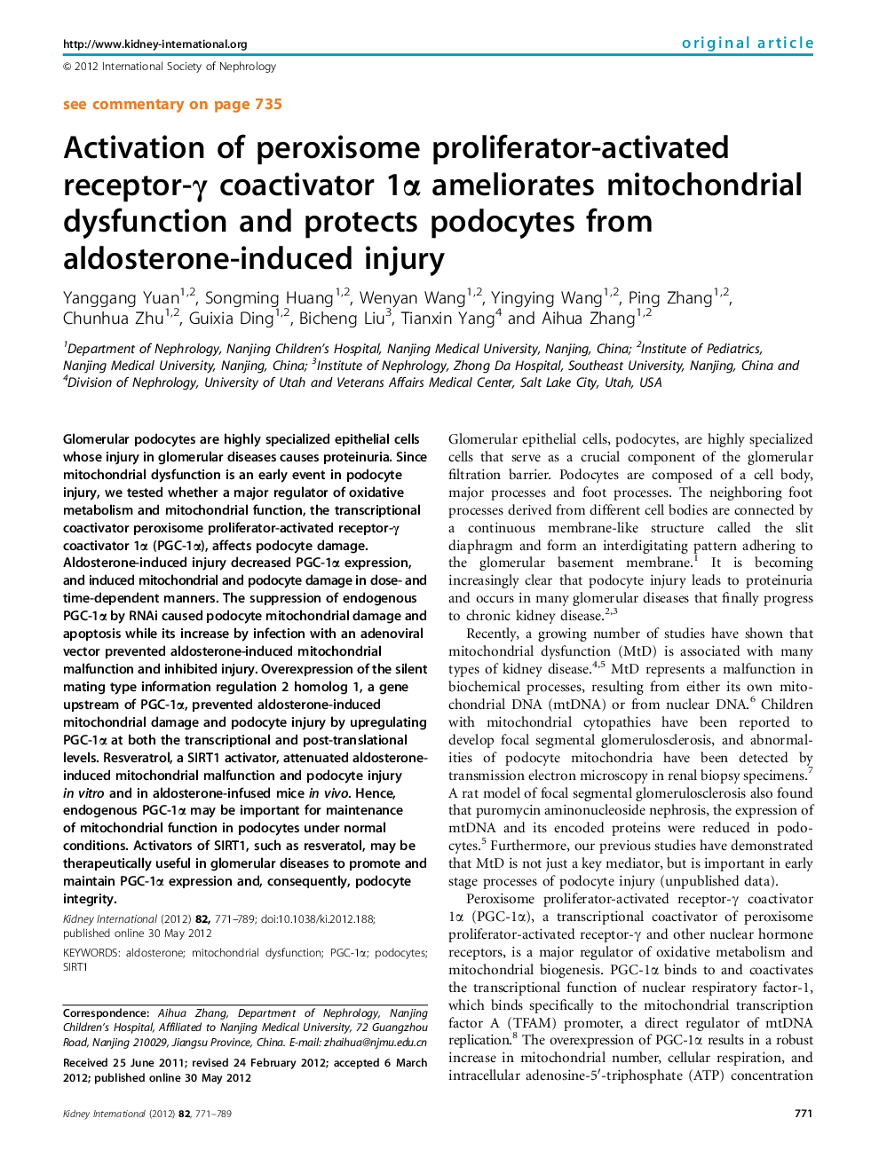 Activation of peroxisome proliferator-activated receptor-γ coactivator 1α ameliorates mitochondrial dysfunction and protects podocytes from aldosterone-induced injury 