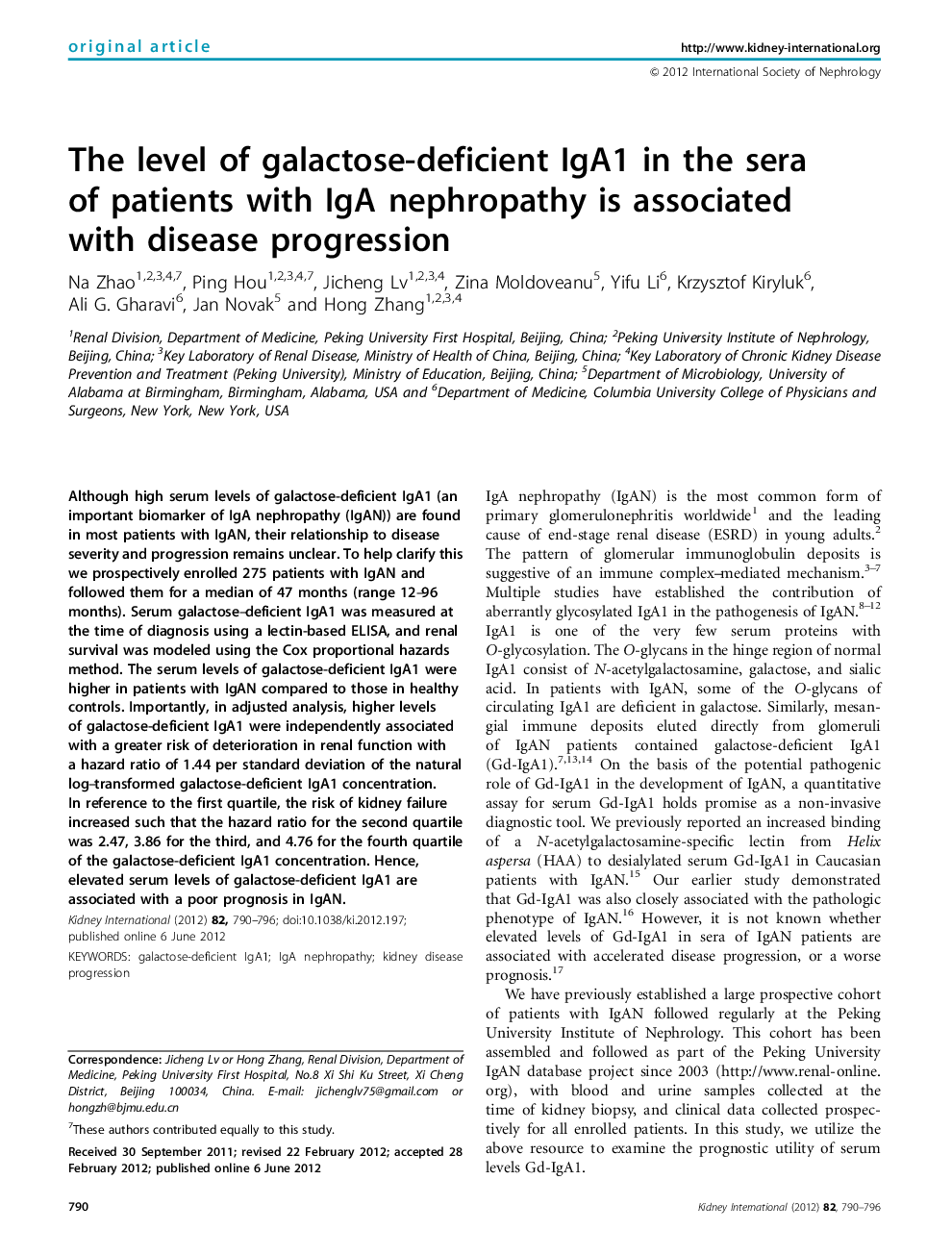 The level of galactose-deficient IgA1 in the sera of patients with IgA nephropathy is associated with disease progression 