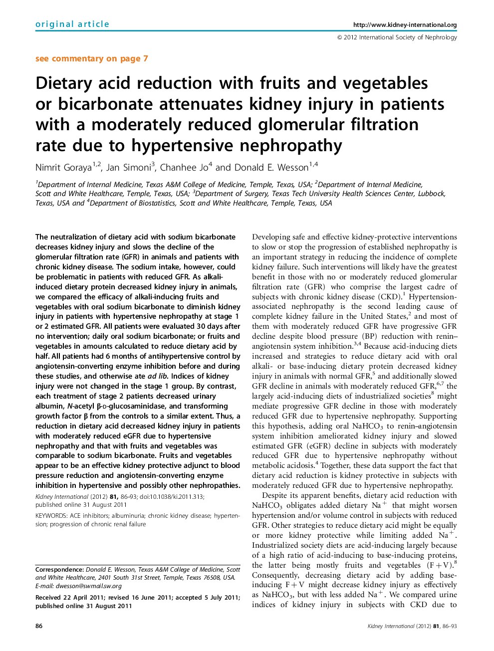 Dietary acid reduction with fruits and vegetables or bicarbonate attenuates kidney injury in patients with a moderately reduced glomerular filtration rate due to hypertensive nephropathy 