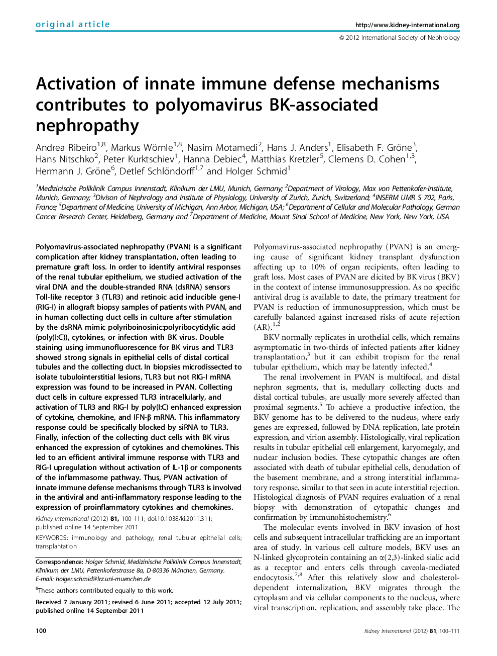 Activation of innate immune defense mechanisms contributes to polyomavirus BK-associated nephropathy 