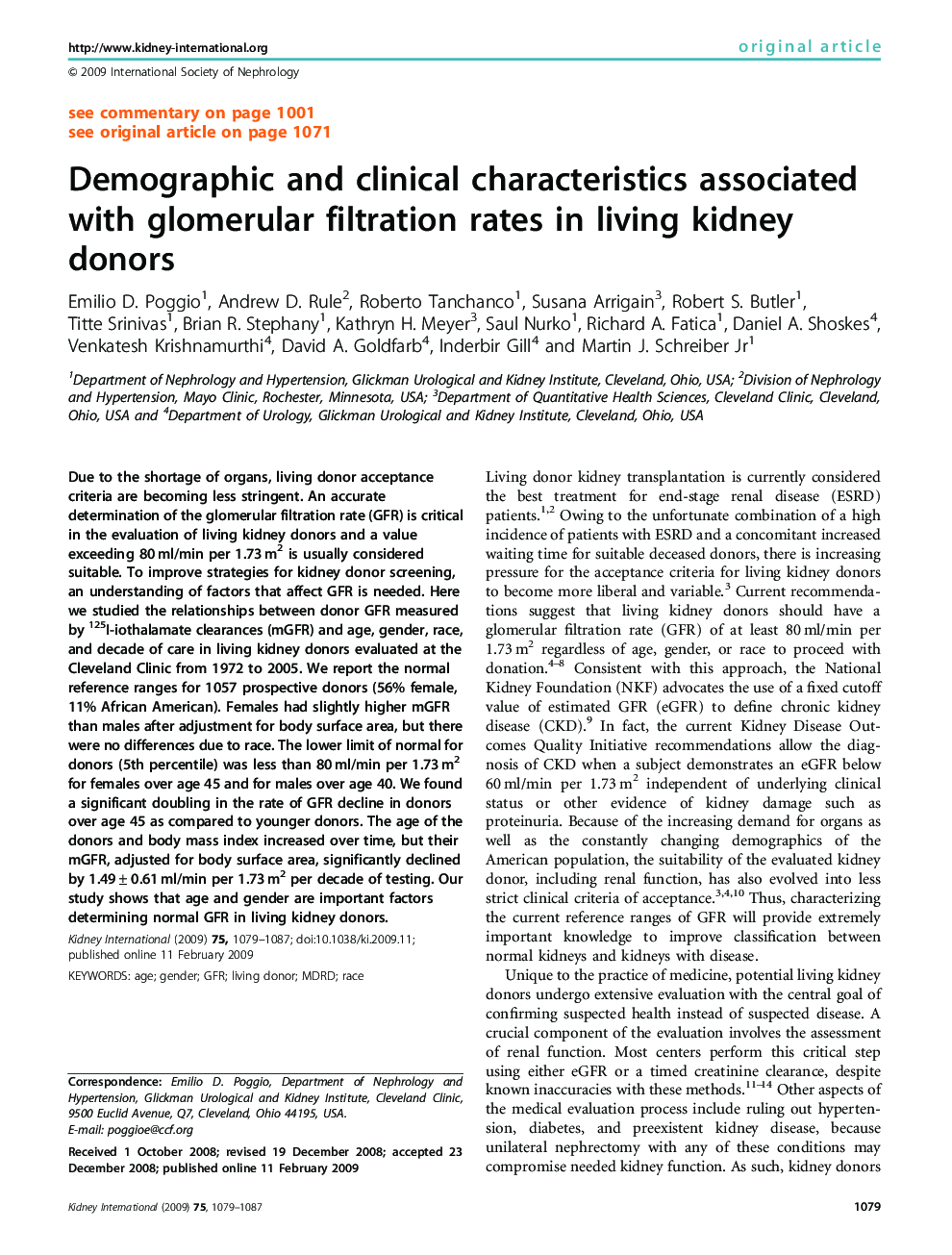 Demographic and clinical characteristics associated with glomerular filtration rates in living kidney donors