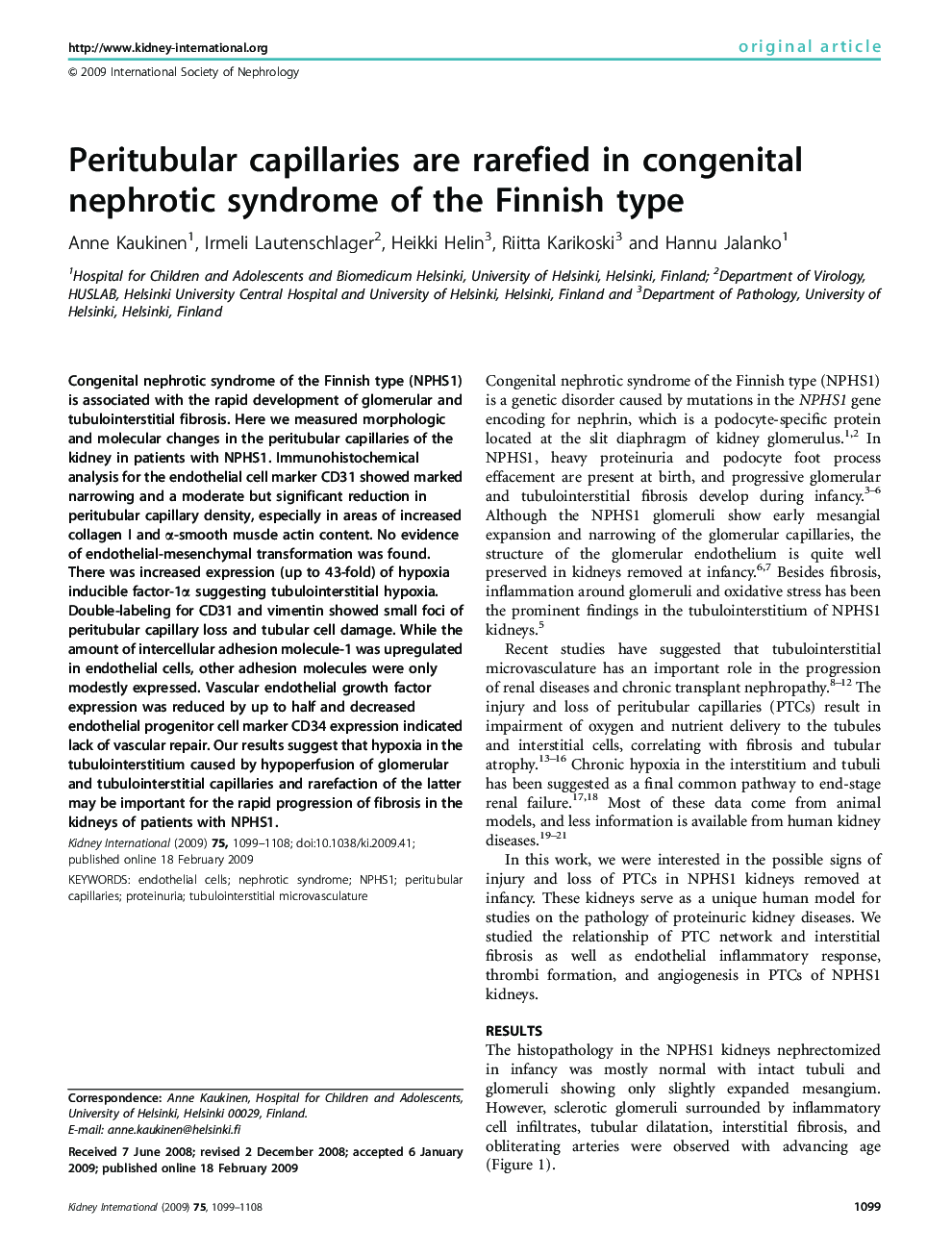 Peritubular capillaries are rarefied in congenital nephrotic syndrome of the Finnish type 