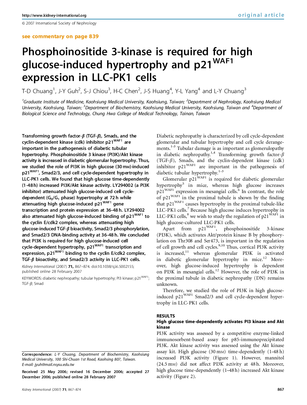 Phosphoinositide 3-kinase is required for high glucose-induced hypertrophy and p21WAF1 expression in LLC-PK1 cells