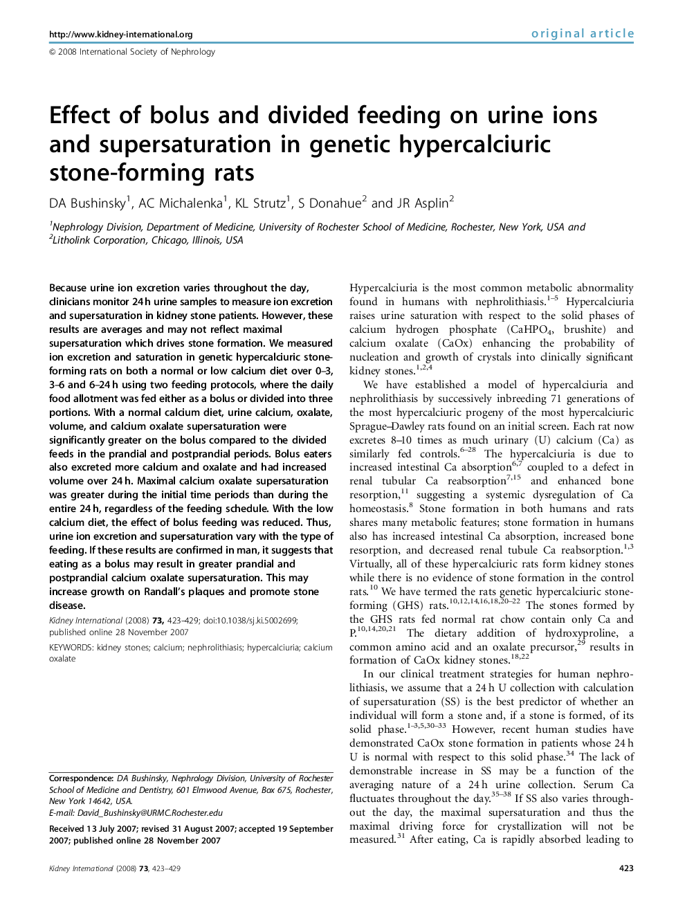 Effect of bolus and divided feeding on urine ions and supersaturation in genetic hypercalciuric stone-forming rats 