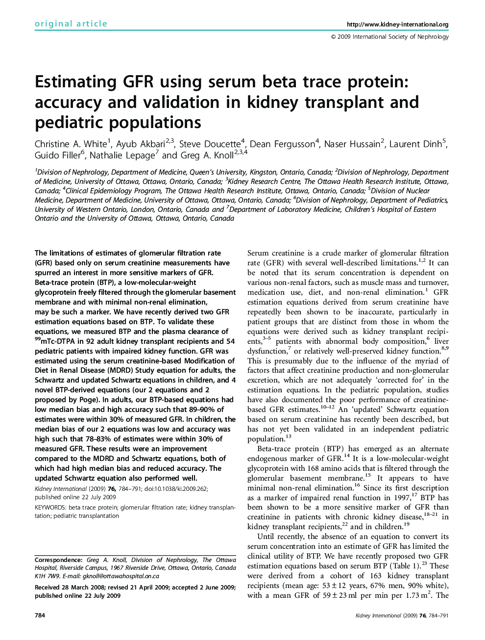 Estimating GFR using serum beta trace protein: accuracy and validation in kidney transplant and pediatric populations