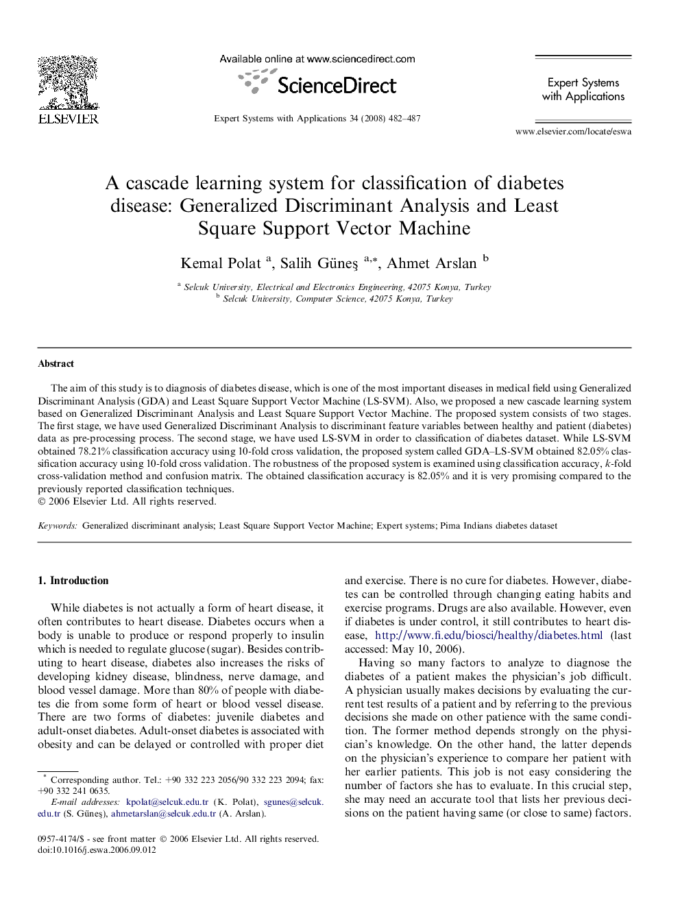 A cascade learning system for classification of diabetes disease: Generalized Discriminant Analysis and Least Square Support Vector Machine