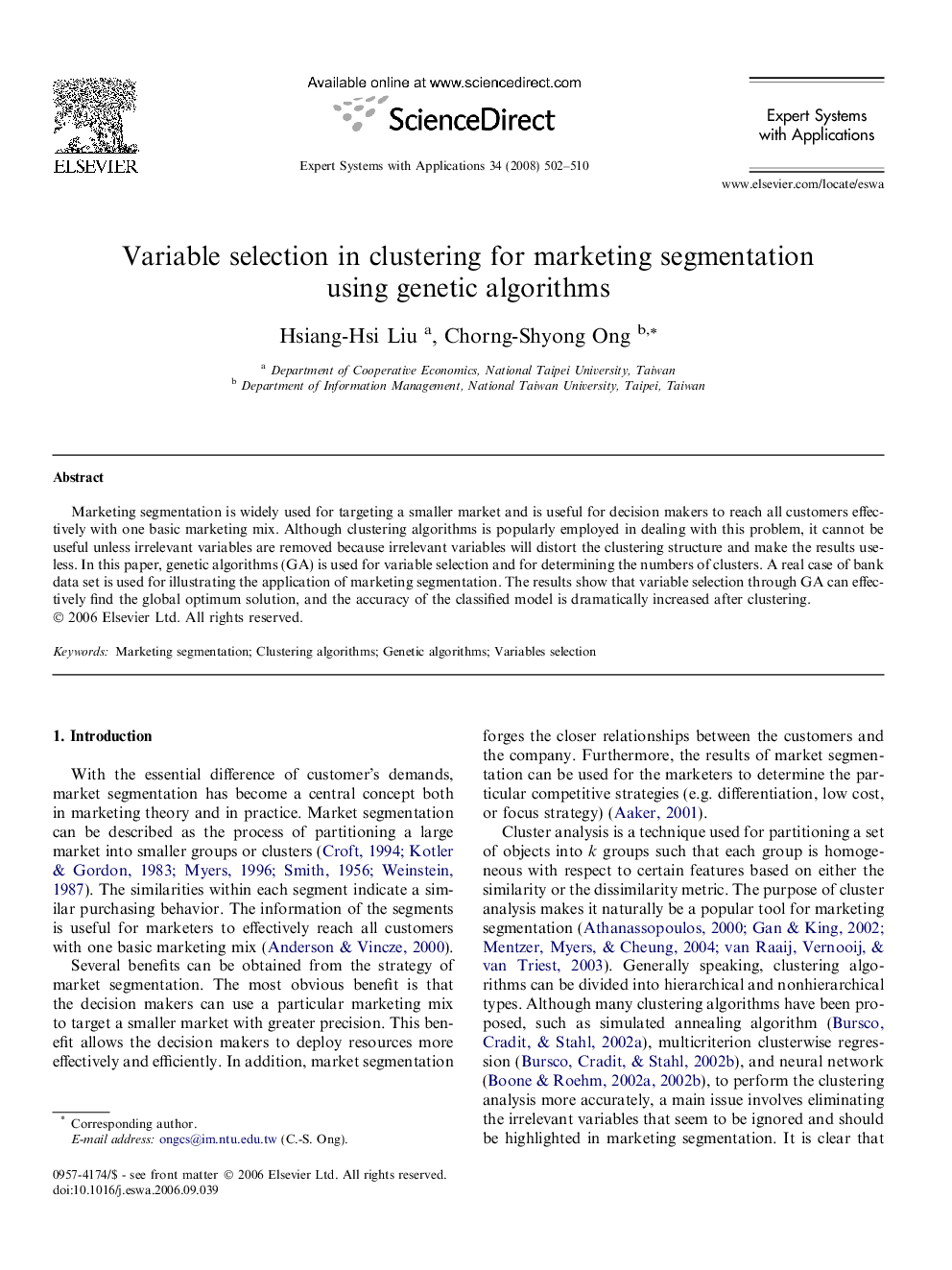 Variable selection in clustering for marketing segmentation using genetic algorithms