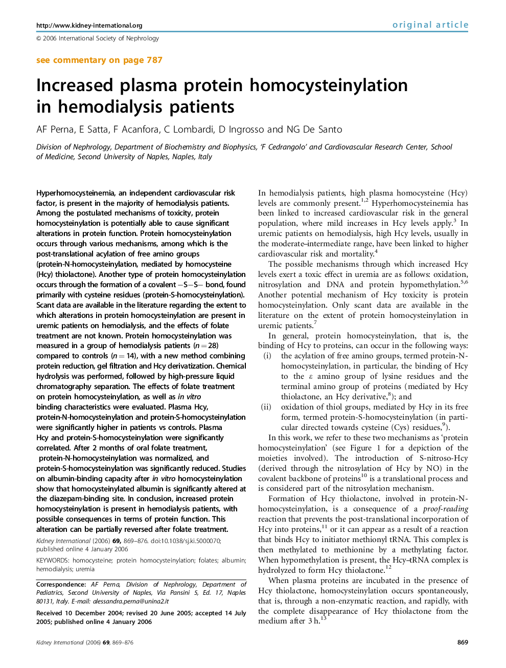 Increased plasma protein homocysteinylation in hemodialysis patients