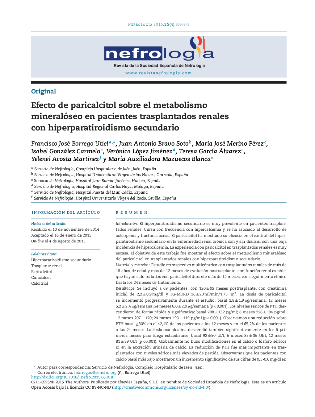 Efecto de paricalcitol sobre el metabolismo mineralóseo en pacientes trasplantados renales con hiperparatiroidismo secundario