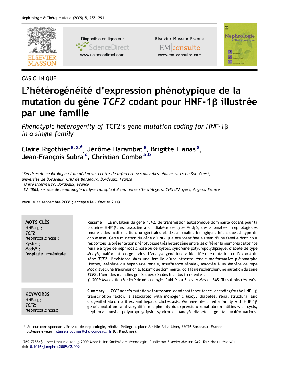 L’hétérogénéité d’expression phénotypique de la mutation du gène TCF2 codant pour HNF-1β illustrée par une famille