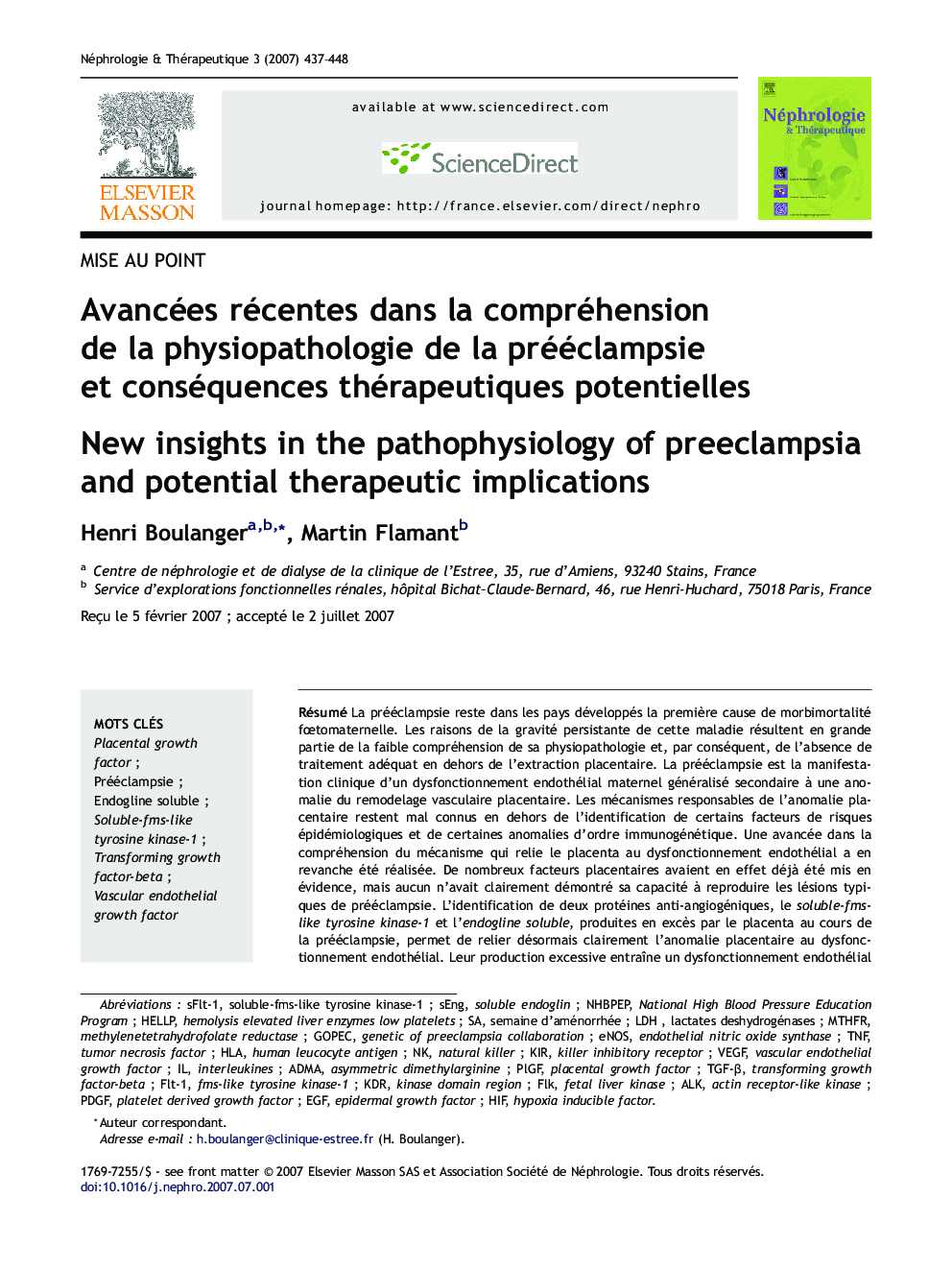 Avancées récentes dans la compréhension de la physiopathologie de la prééclampsie et conséquences thérapeutiques potentielles
